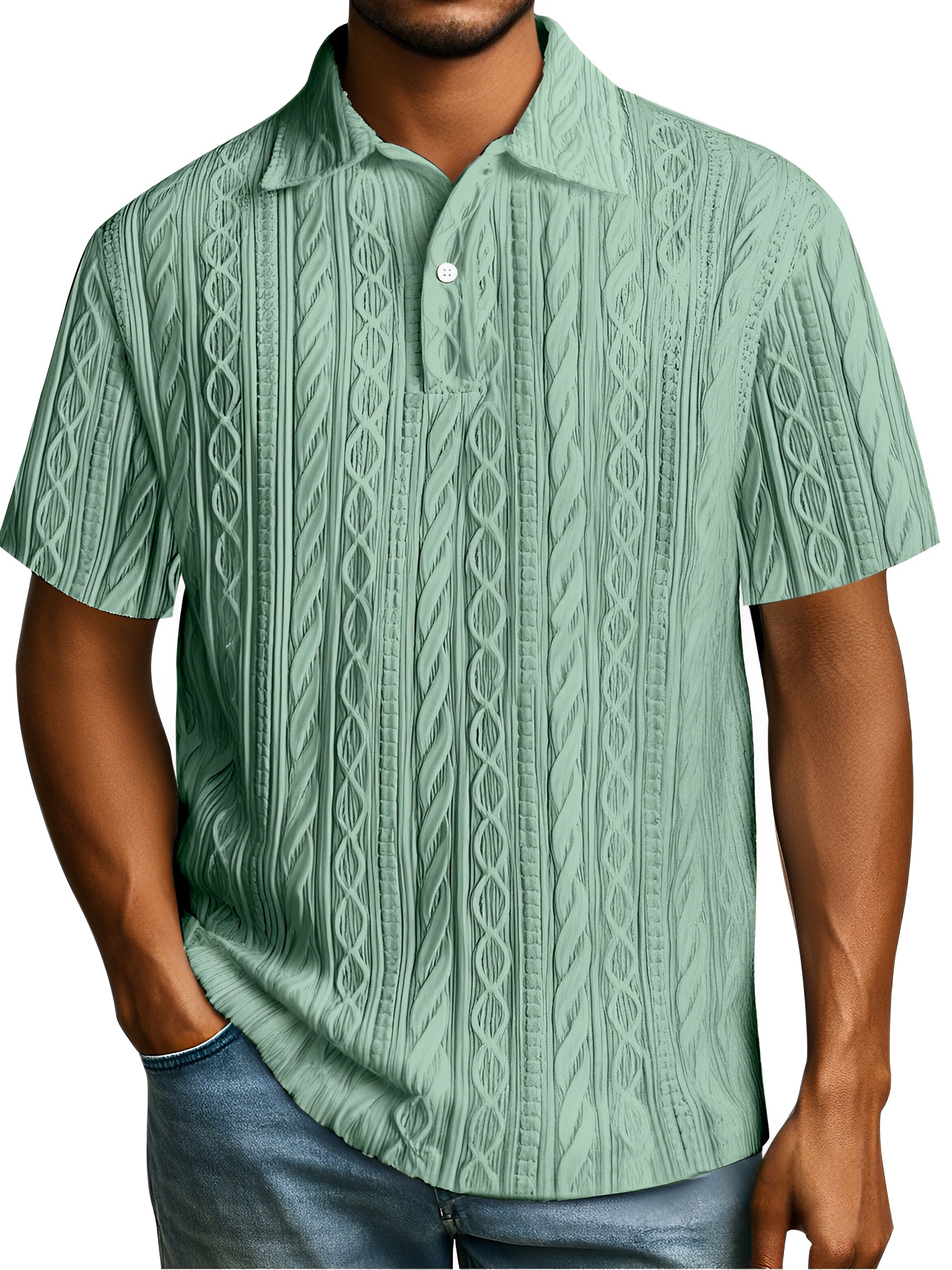 Herren Einfaches Tägliches Einfarbiges Texturiertes Knopfkragen Kurzarm Polohemd-deurabatt