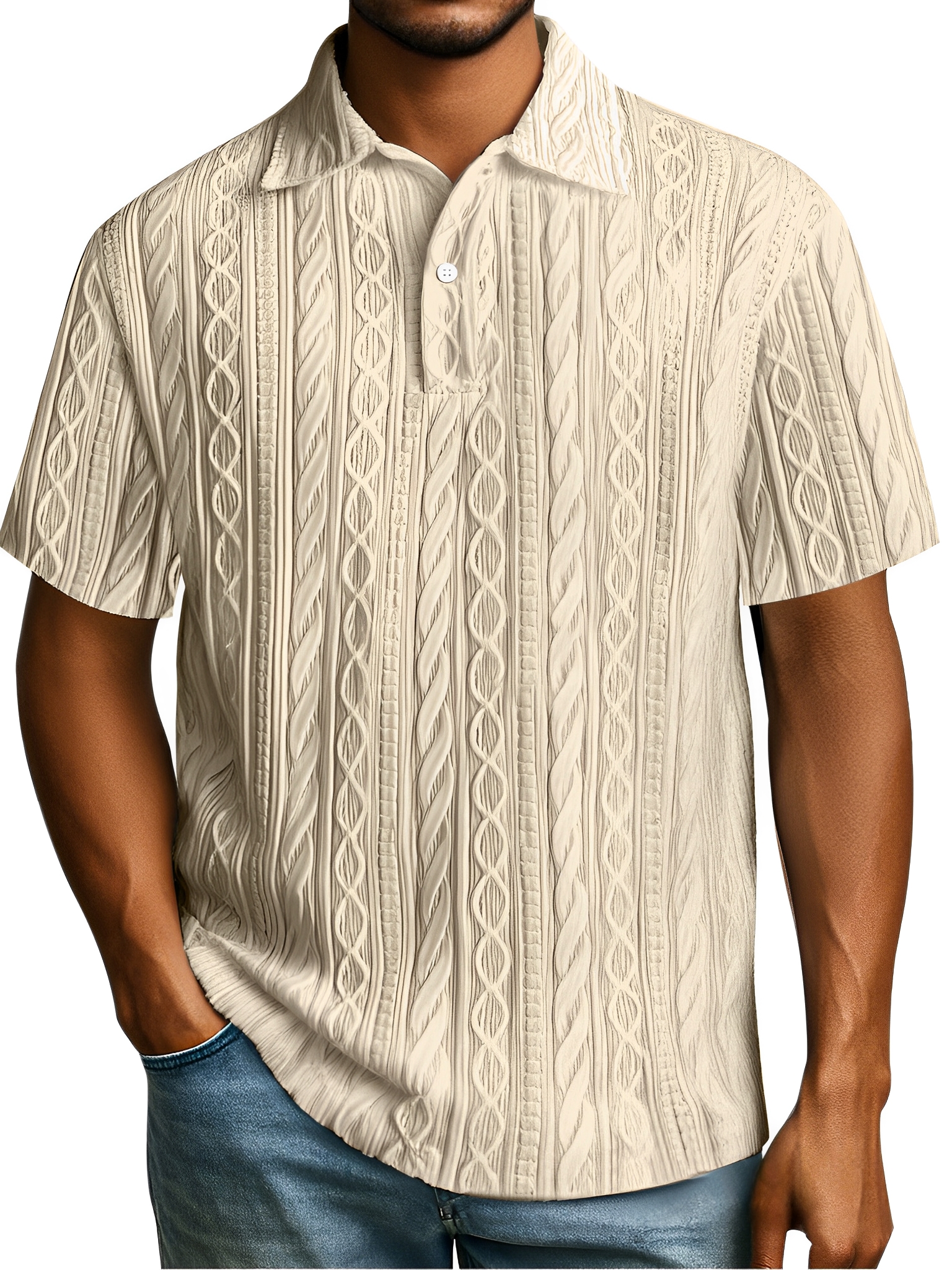 Herren Einfaches Tägliches Einfarbiges Texturiertes Knopfkragen Kurzarm Polohemd-deurabatt