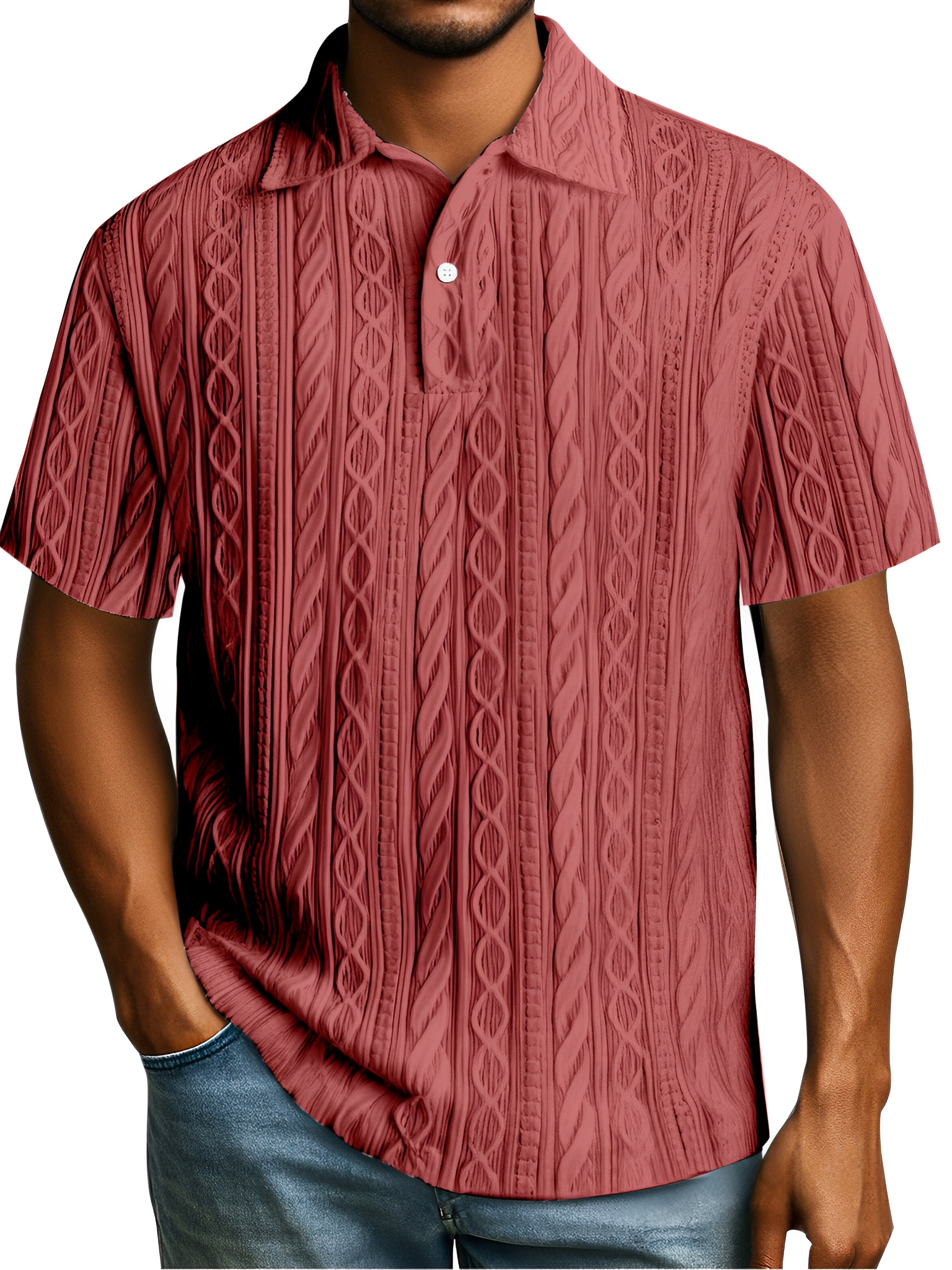 Herren Einfaches Tägliches Einfarbiges Texturiertes Knopfkragen Kurzarm Polohemd-deurabatt