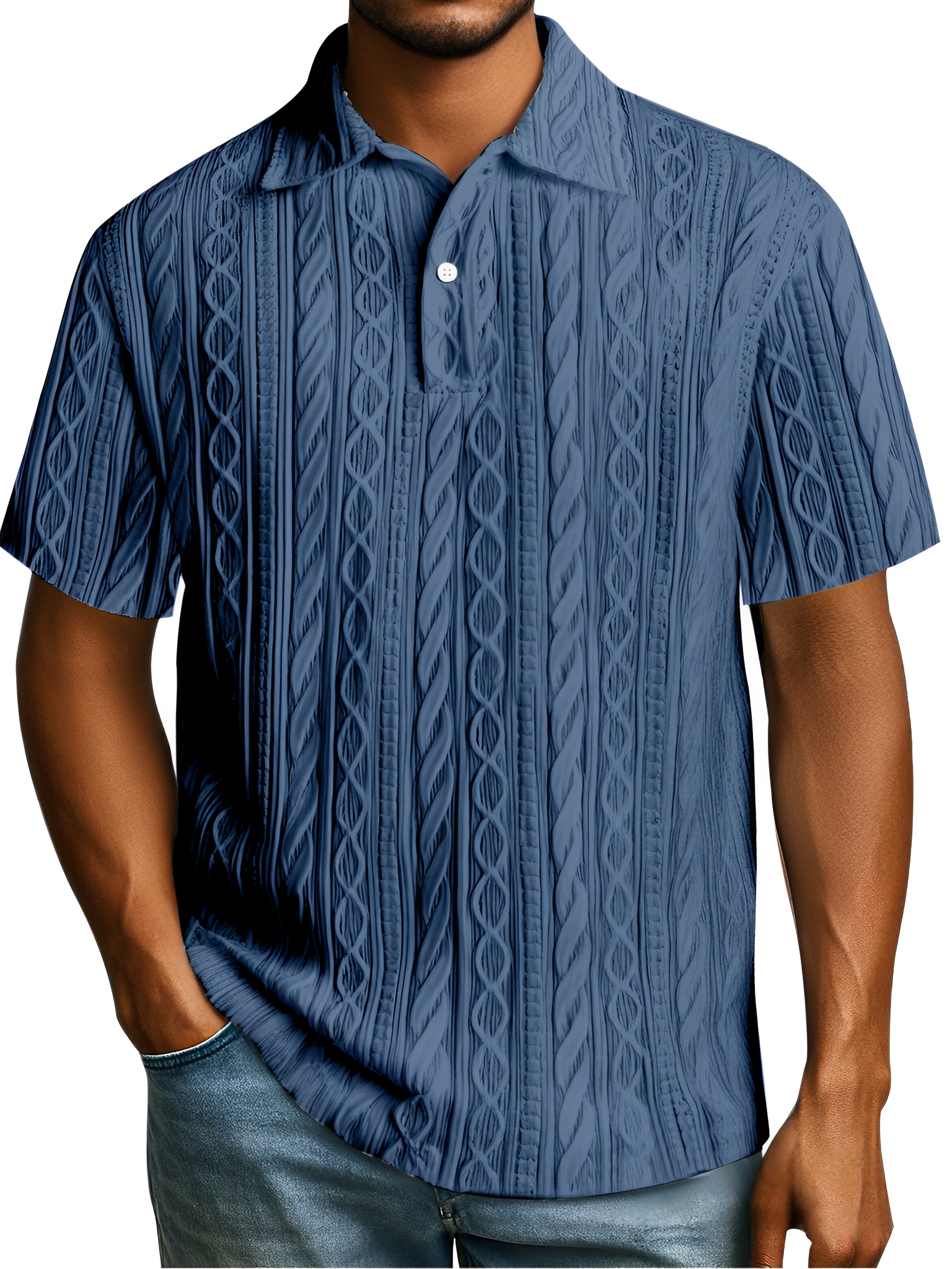 Herren Einfaches Tägliches Einfarbiges Texturiertes Knopfkragen Kurzarm Polohemd-deurabatt