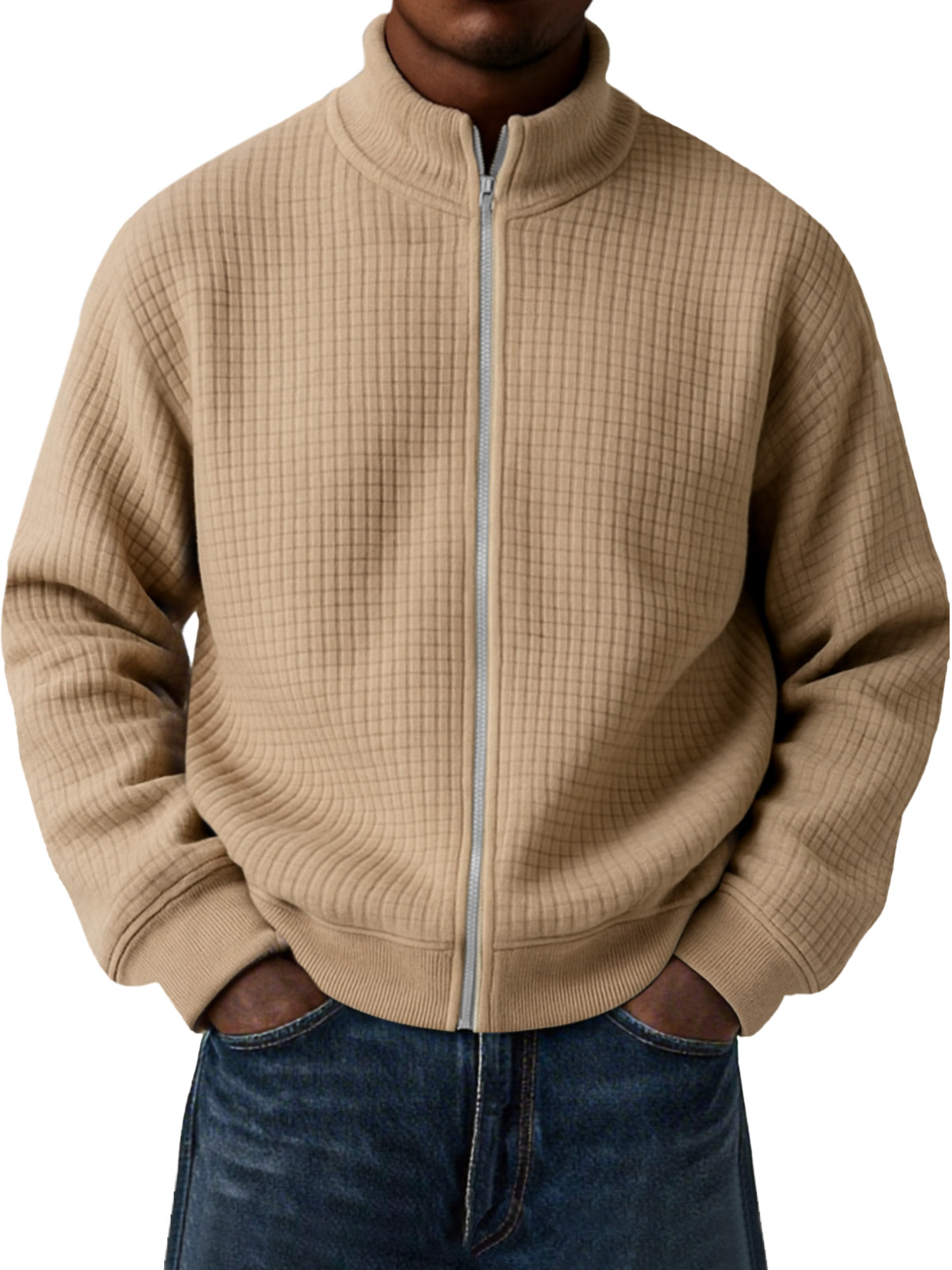 Herren Freizeit Kleine Quadratische Jacquard Stehkragen Reißverschluss Langarmjacke-deurabatt