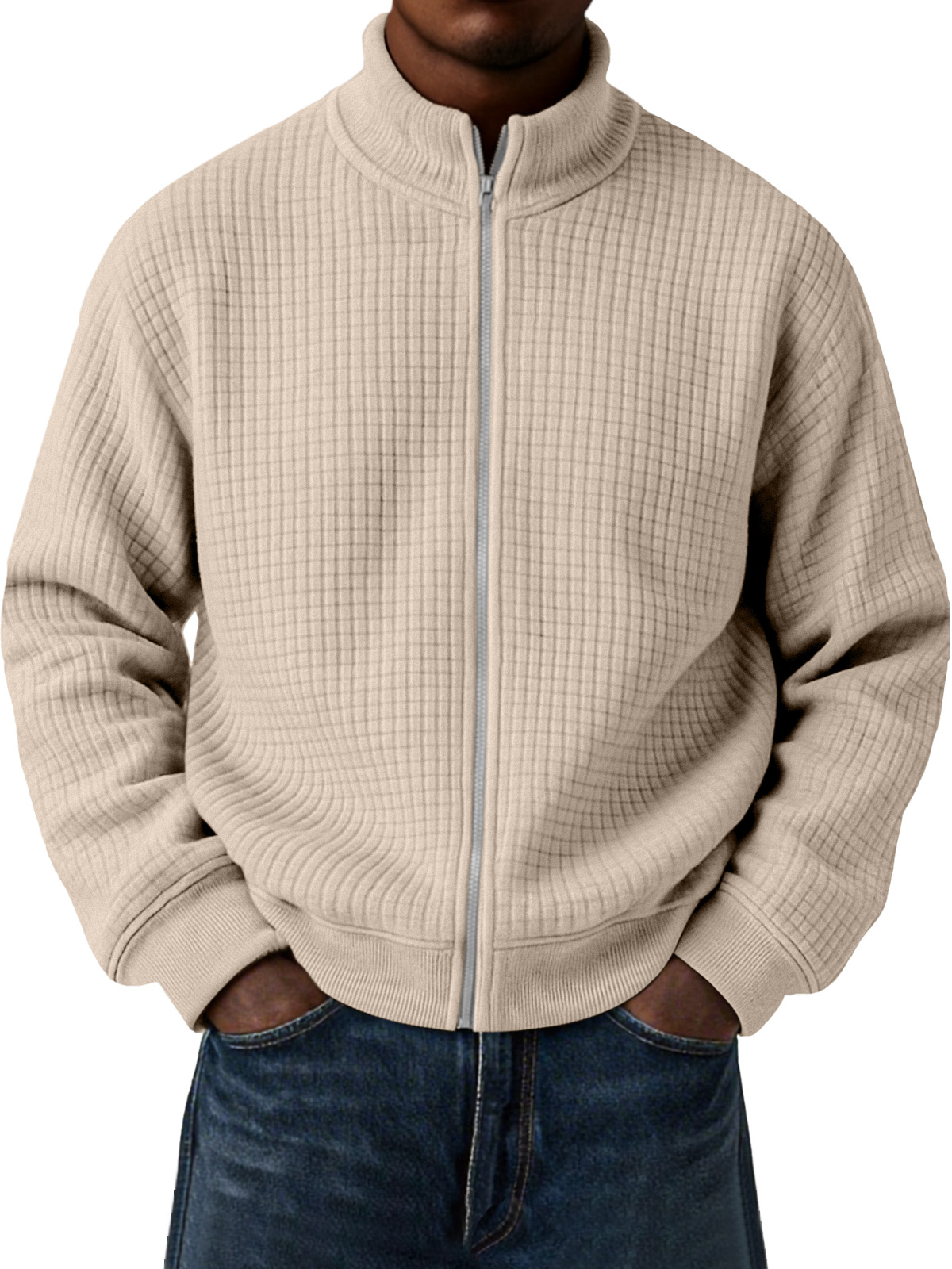 Herren Freizeit Kleine Quadratische Jacquard Stehkragen Reißverschluss Langarmjacke-deurabatt