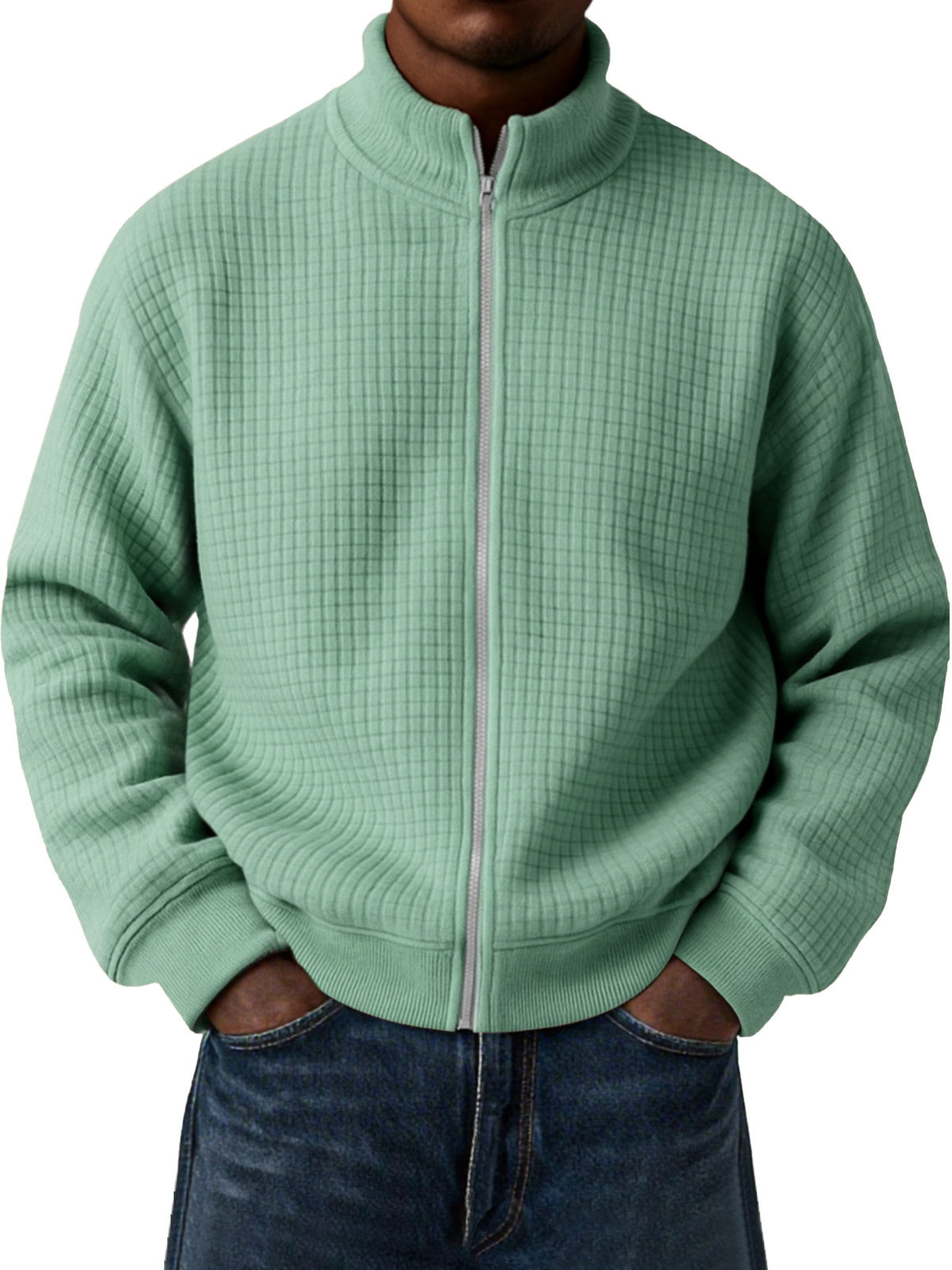 Herren Freizeit Kleine Quadratische Jacquard Stehkragen Reißverschluss Langarmjacke-deurabatt