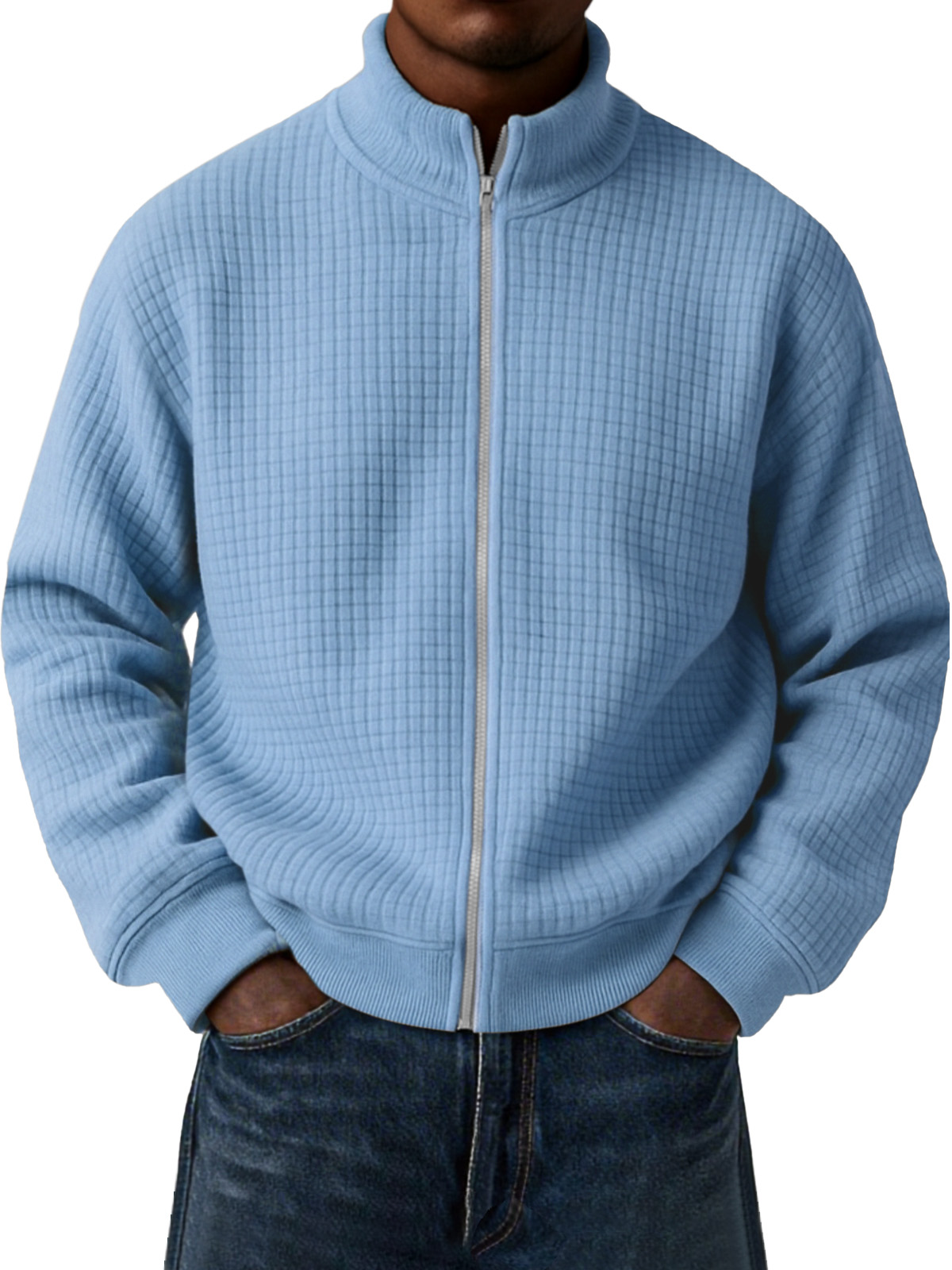 Herren Freizeit Kleine Quadratische Jacquard Stehkragen Reißverschluss Langarmjacke-deurabatt