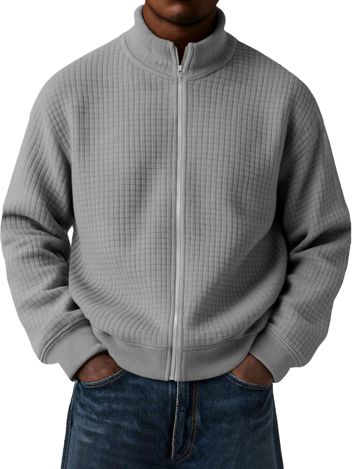 Herren Freizeit Kleine Quadratische Jacquard Stehkragen Reißverschluss Langarmjacke-deurabatt