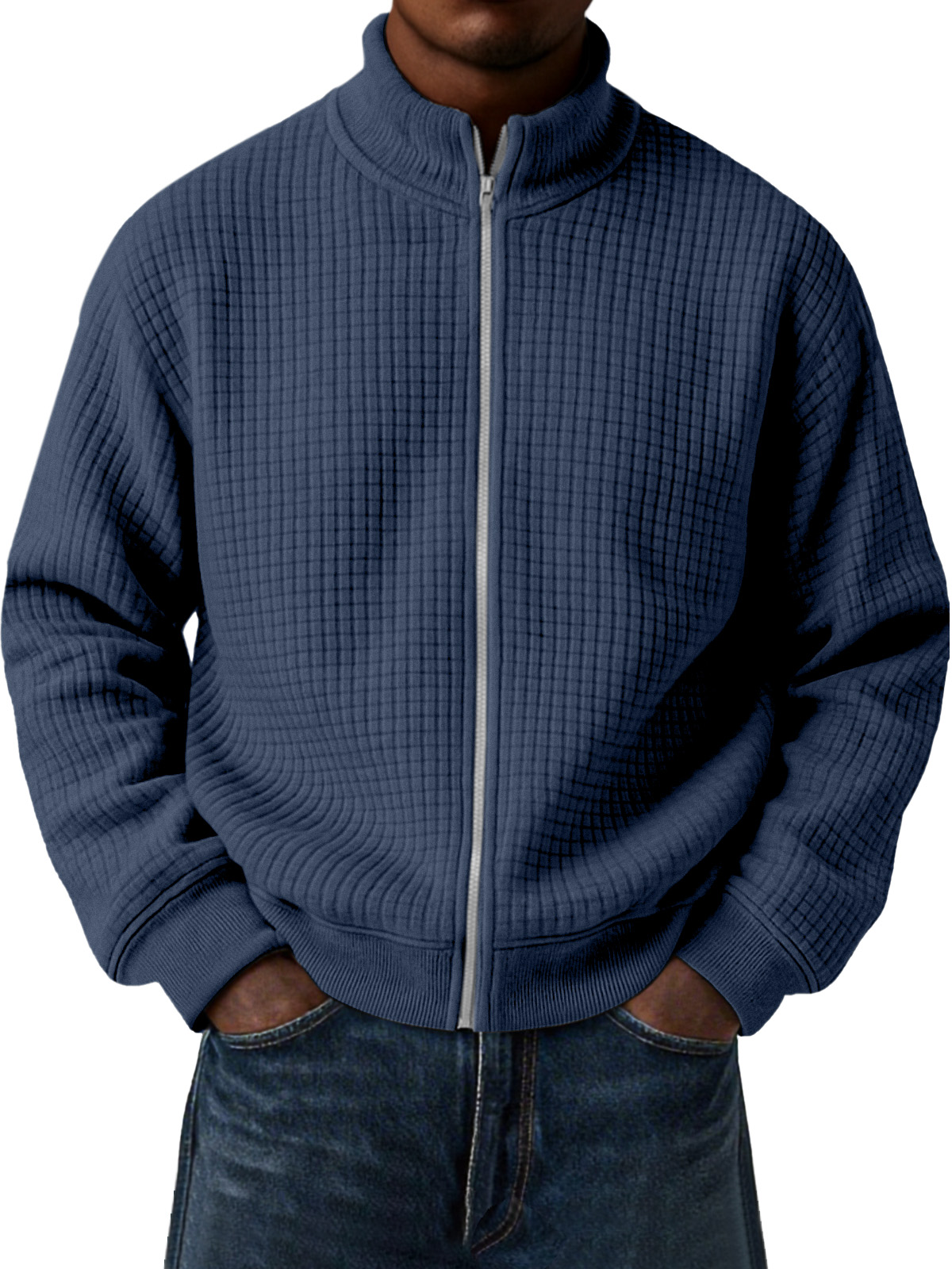 Herren Freizeit Kleine Quadratische Jacquard Stehkragen Reißverschluss Langarmjacke-deurabatt