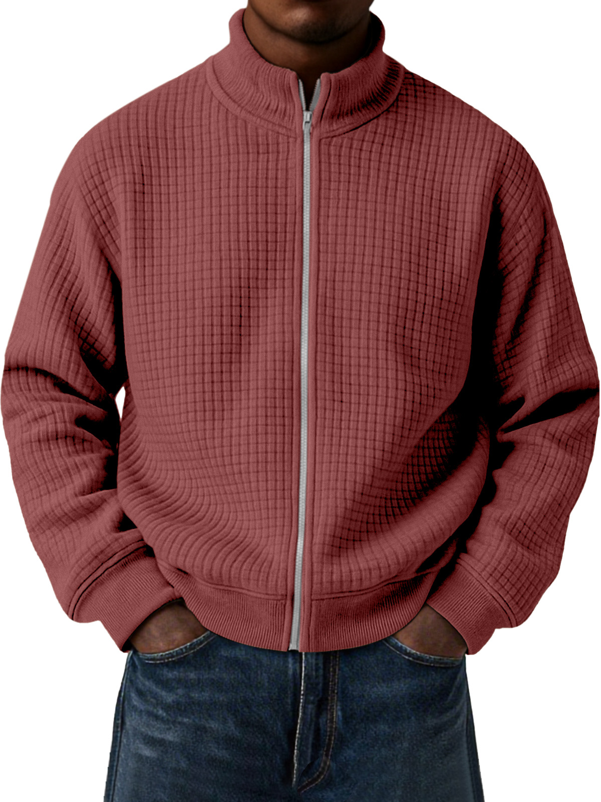 Herren Freizeit Kleine Quadratische Jacquard Stehkragen Reißverschluss Langarmjacke-deurabatt