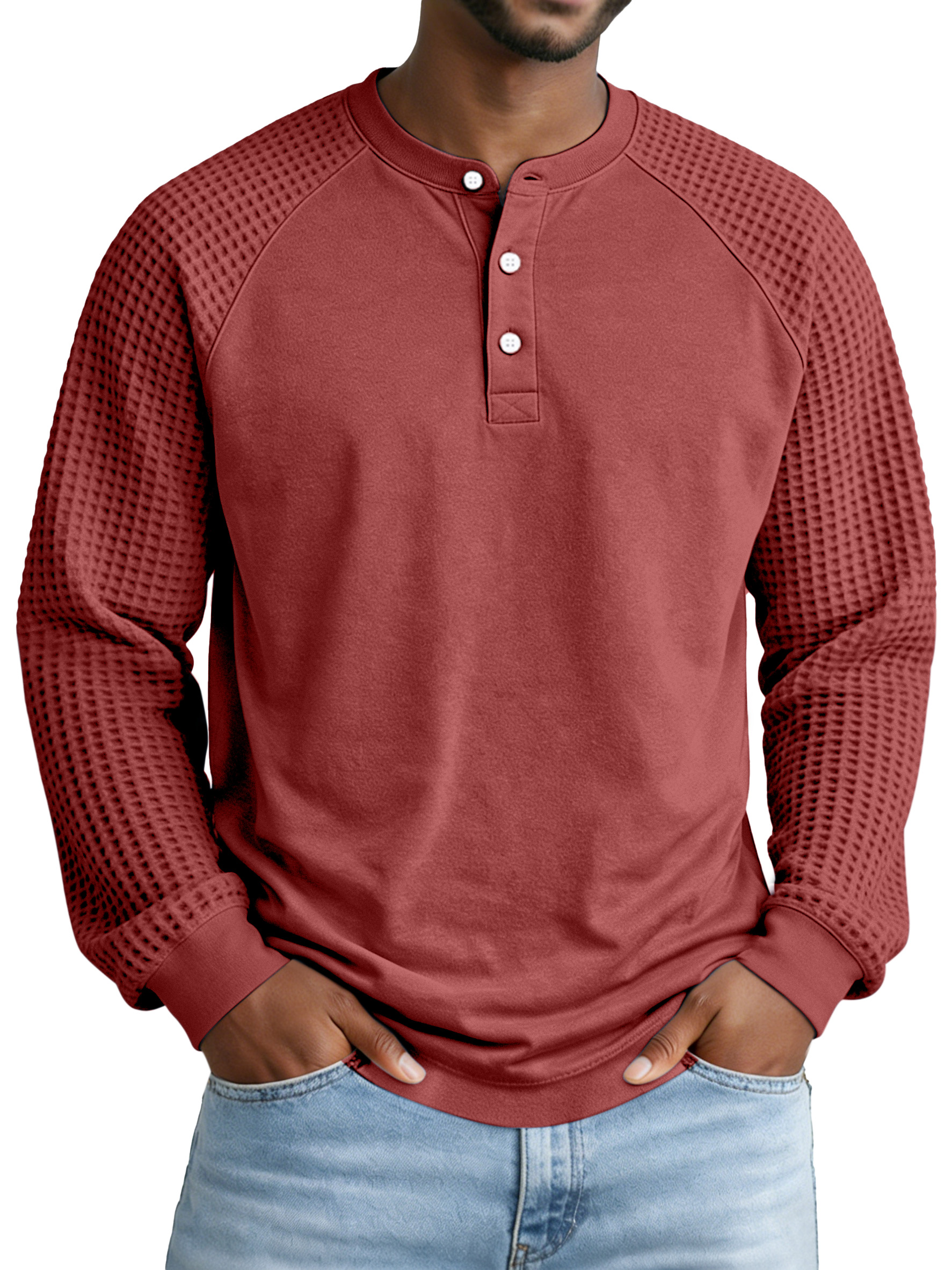 Herren Freizeit Einfach Waffelstrick Paneel Henley Kragen Raglan Langarm Polohemd-deurabatt