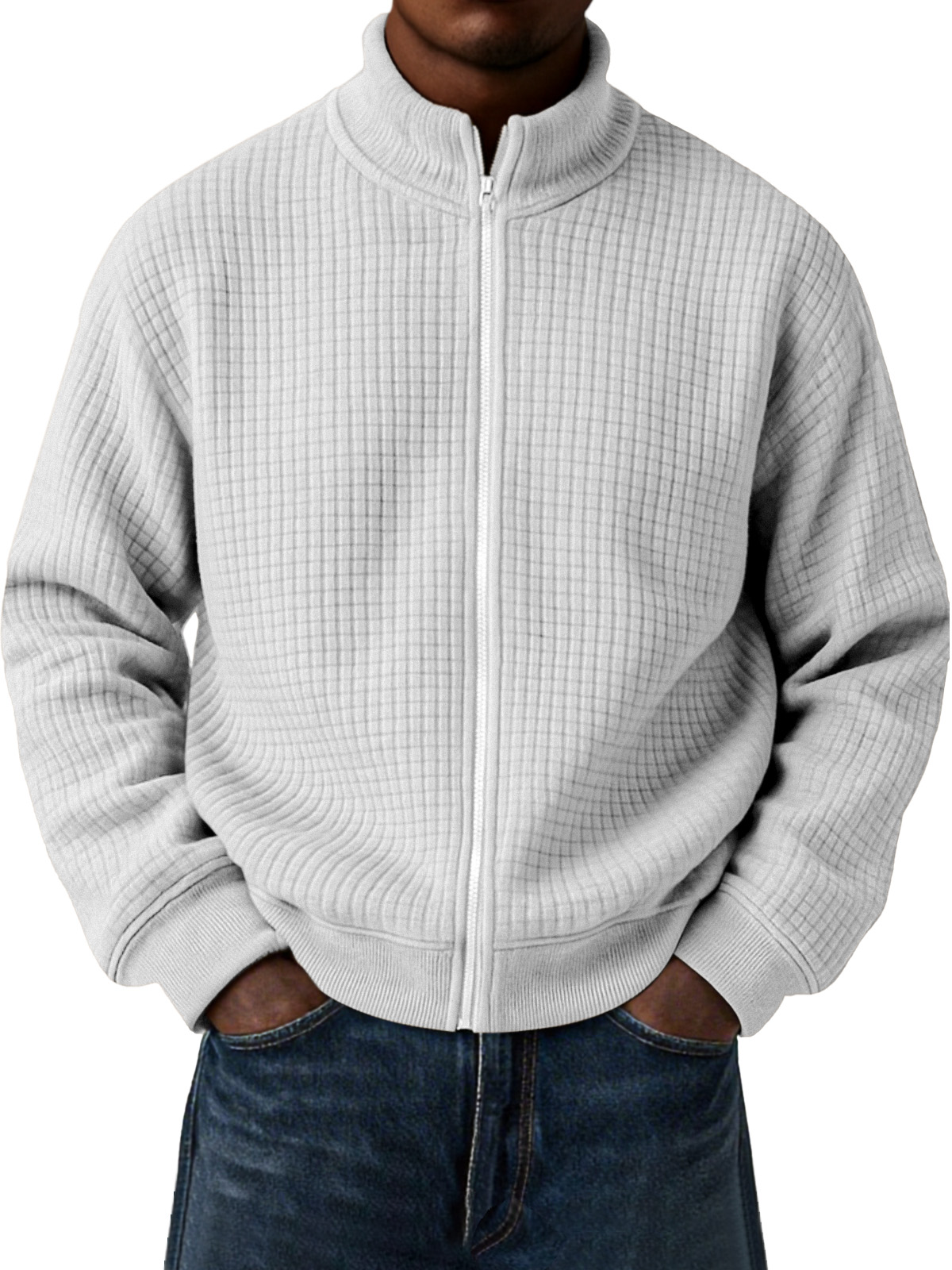 Herren Freizeit Kleine Quadratische Jacquard Stehkragen Reißverschluss Langarmjacke-deurabatt