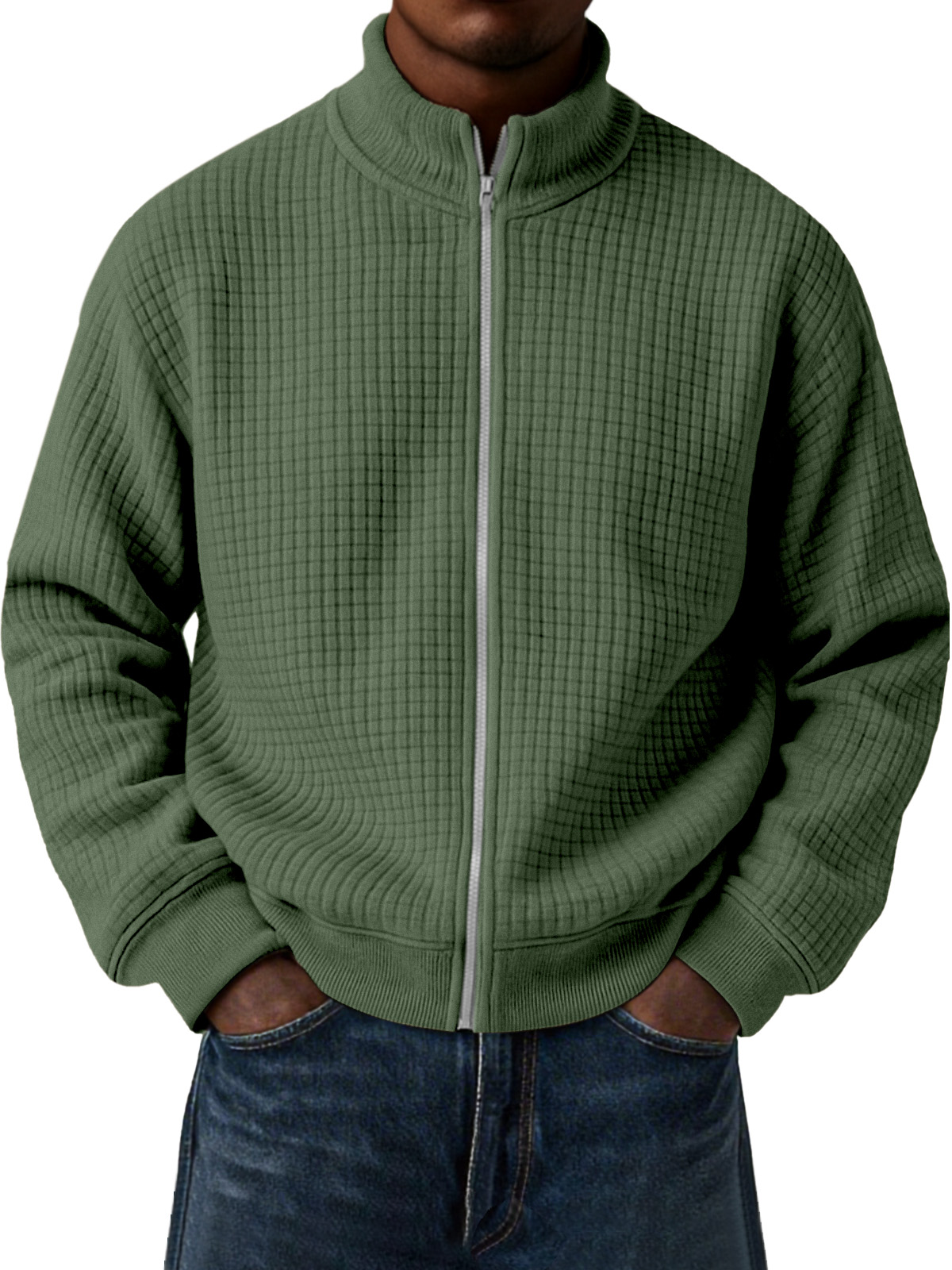 Herren Freizeit Kleine Quadratische Jacquard Stehkragen Reißverschluss Langarmjacke-deurabatt