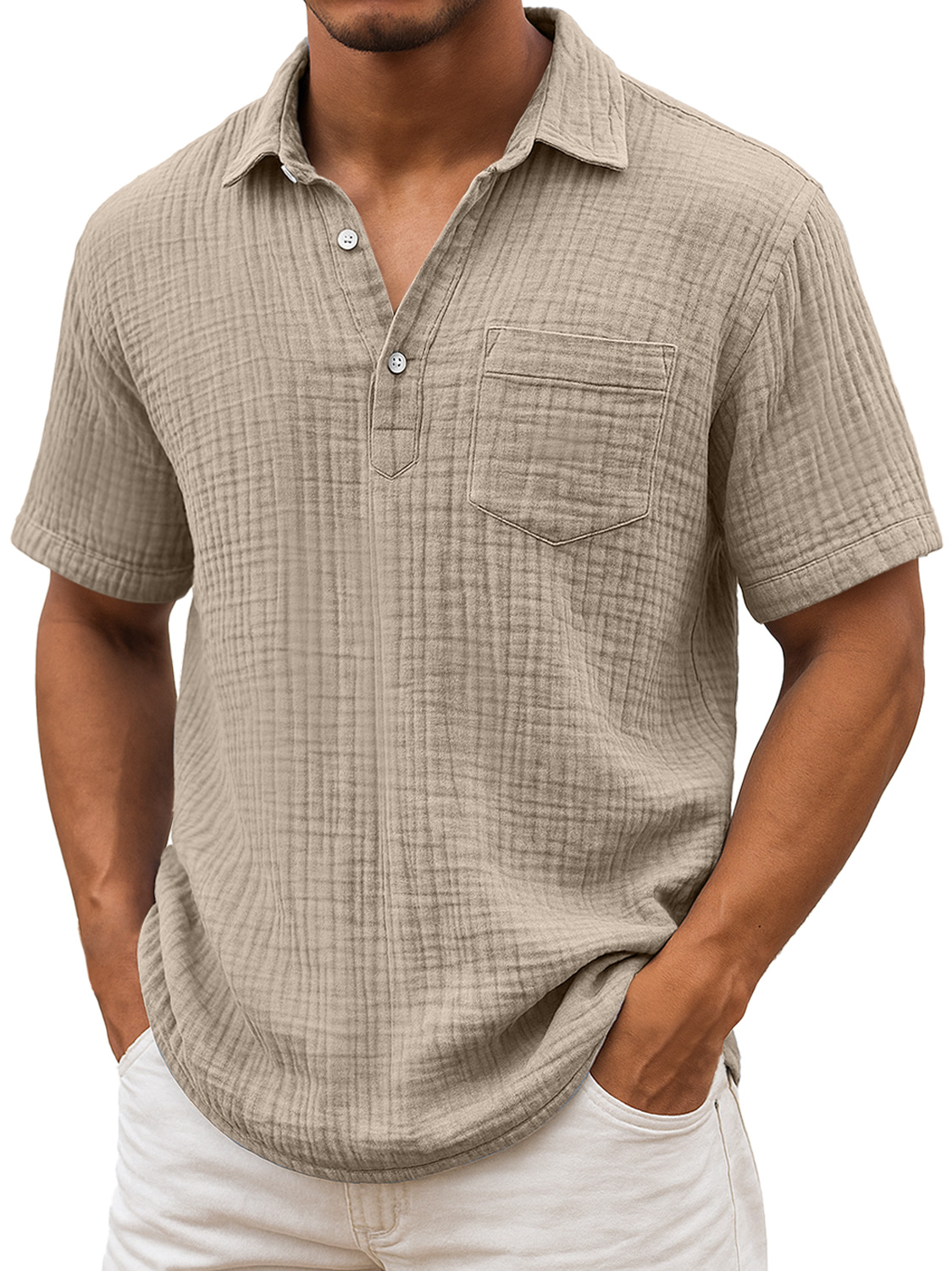 Herren Daily Plissee Textur Revers Freizeit Tasche Bequem Kurzarm POLO Hemd-deurabatt