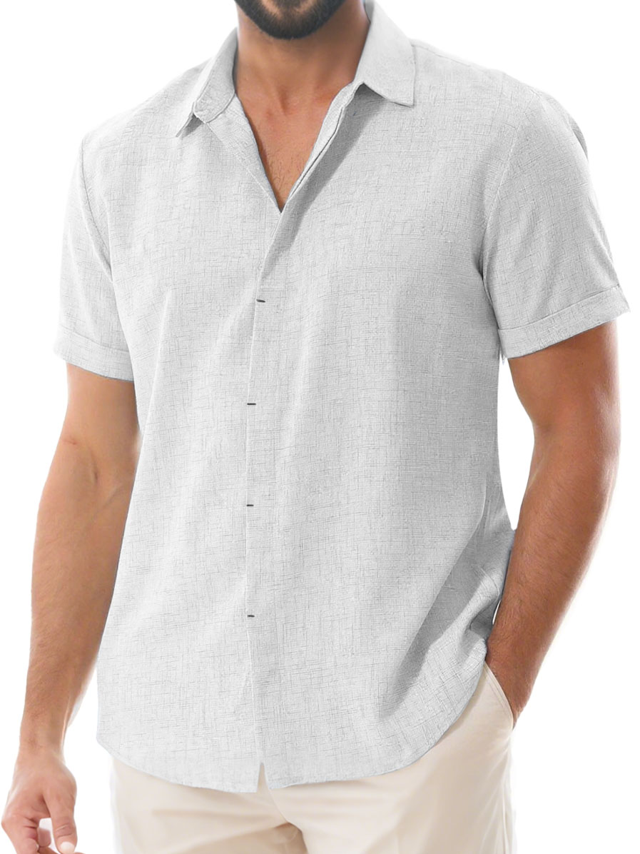 Herren Tägliches Lässiges Imitationsleinen Weites Kurzarm Hemd mit Revers-deurabatt