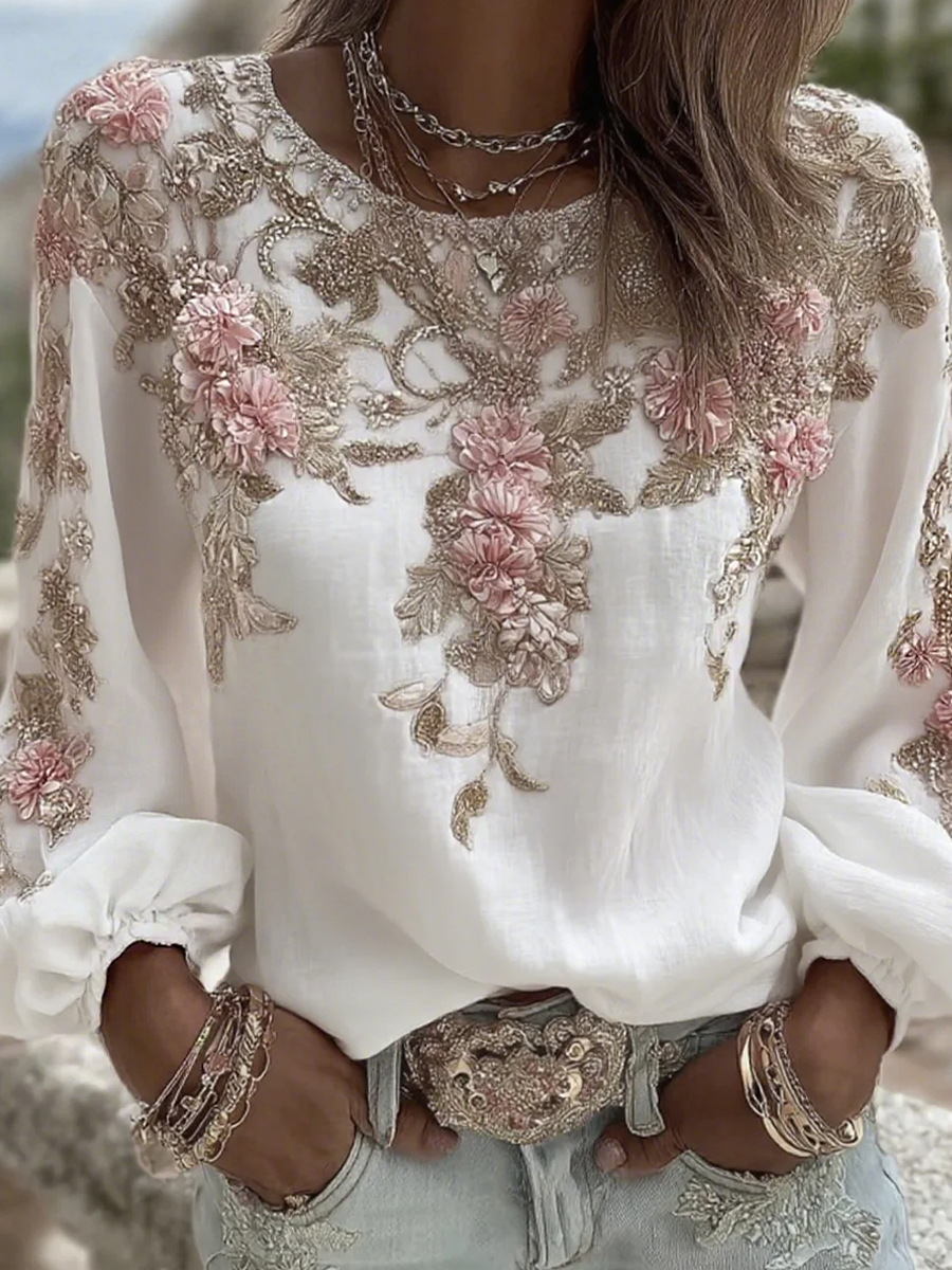 Damen-Top im Vintage-Stil mit floraler Kunstprint-Optik, aus Baumwolle und Leinen, lässig-Mode & Komfort