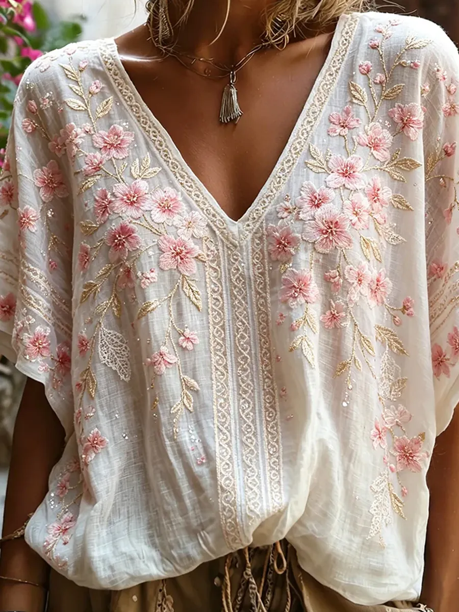 Damen-Top im Vintage-Stil mit floraler Kunstprint-Optik, aus Baumwolle und Leinen, lässig-Mode & Komfort