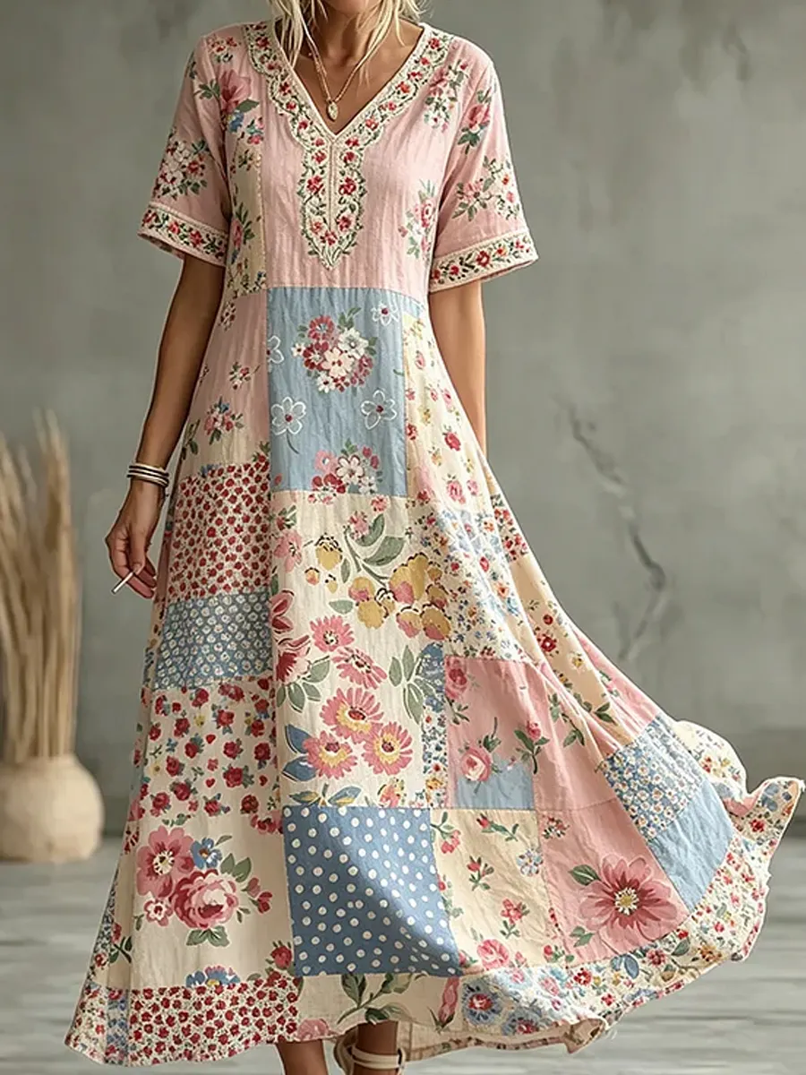 Damen-Boho-Floralstickerei Kunst Rundhalsausschnitt Kurzarm Midi-Kleid-Mode & Komfort