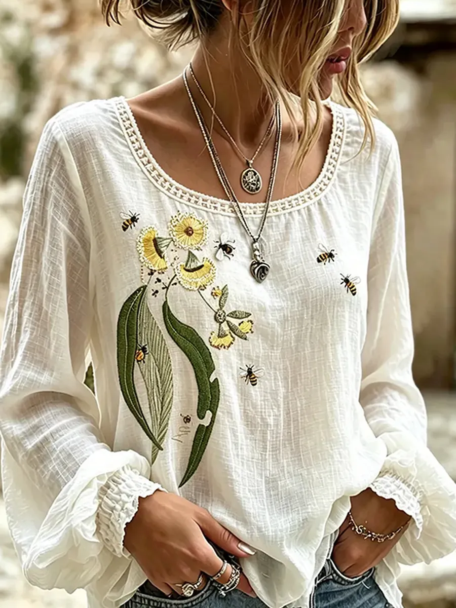 Damen-Top im Vintage-Stil mit floraler Kunstprint-Optik, aus Baumwolle und Leinen, lässig-Mode & Komfort