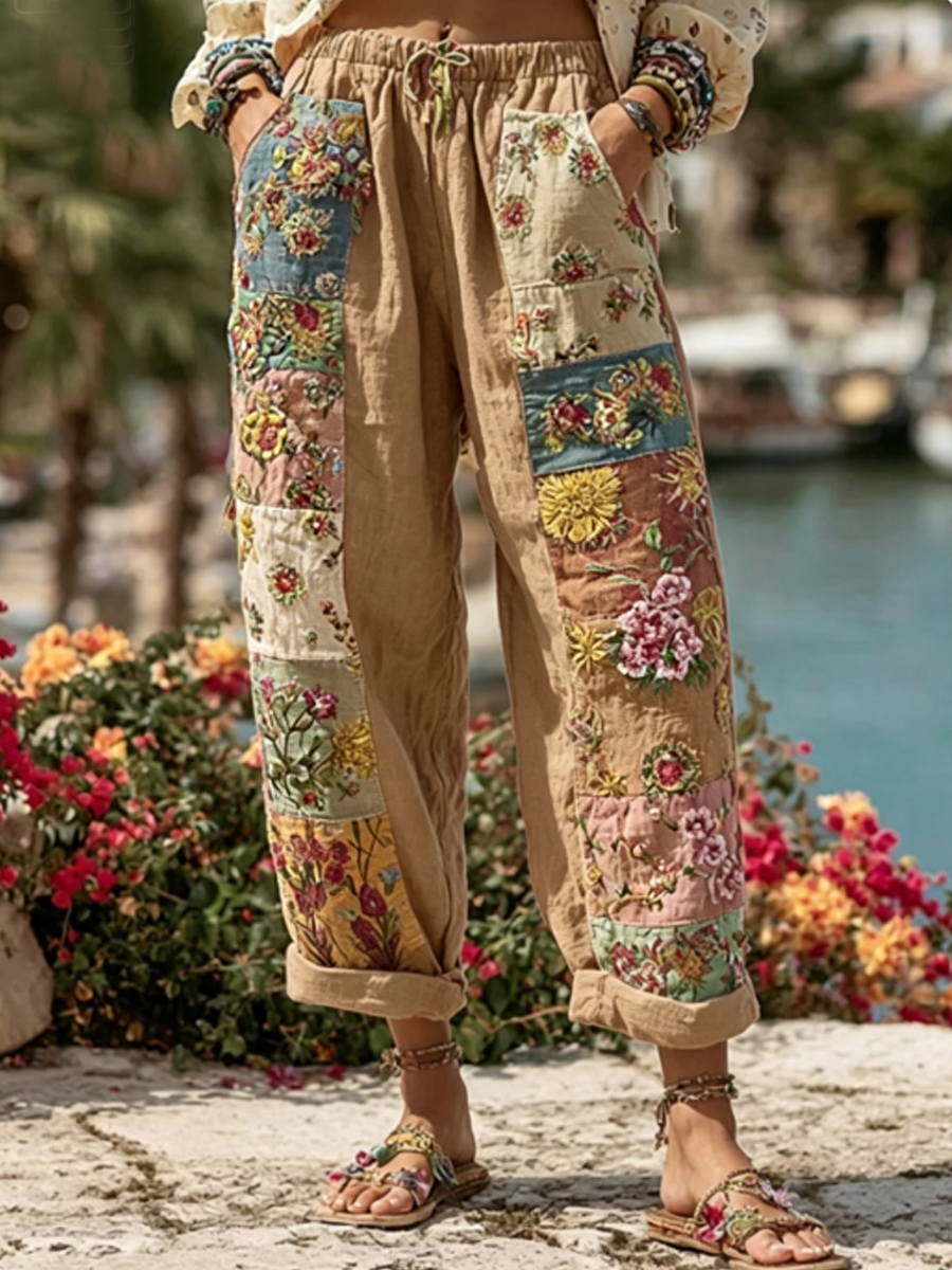 Damenhose im Boho-Stil mit floraler Stickerei, Kontrastfarben und Leinenanteil, lässig-Mode & Komfort