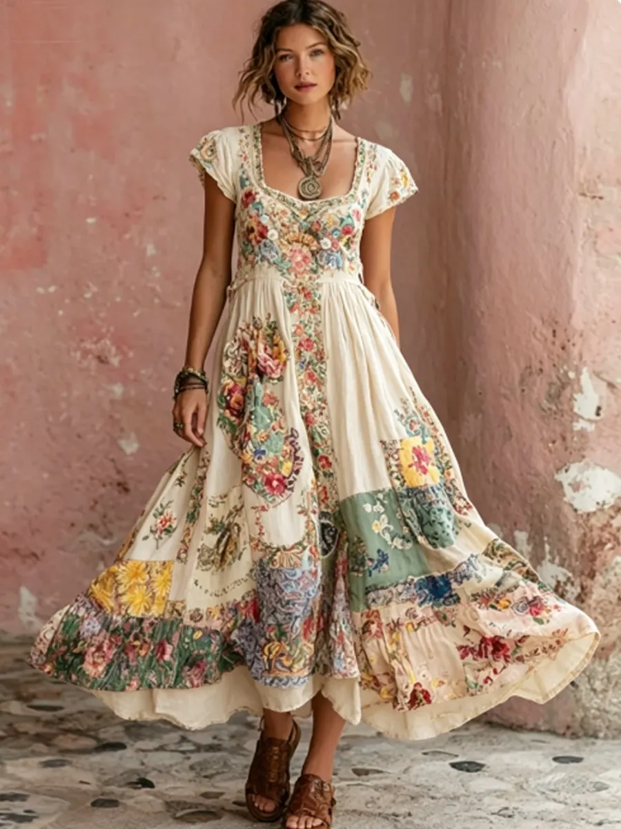 Damen-Boho-Floralstickerei Kunst Rundhalsausschnitt Kurzarm Midi-Kleid-Mode & Komfort