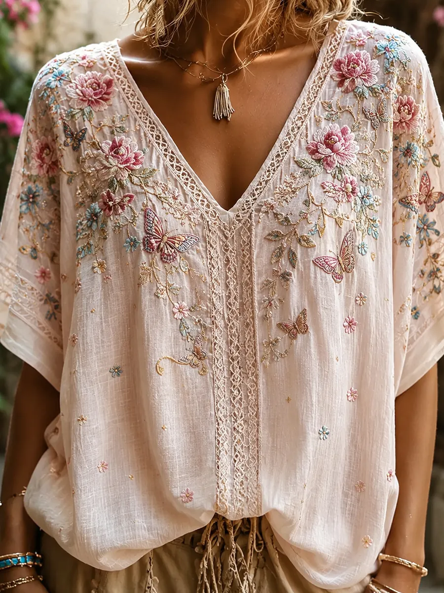 Damen-Top aus Baumwolle-Leinen im Vintage-Stil mit floraler Kunstprint-Optik-Mode & Komfort