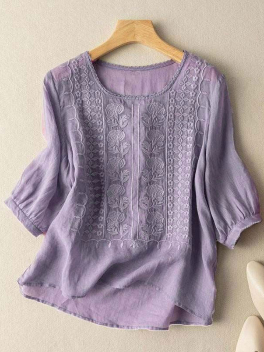 Damen-Floral-Baumwoll-Leinen-Freizeit-T-Shirt-Mode & Komfort