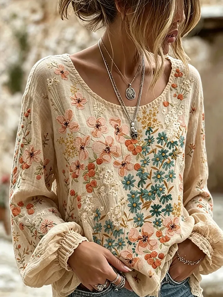 Damen-Top im Vintage-Stil mit floraler Kunstprint-Optik, aus Baumwolle und Leinen, lässig-Mode & Komfort