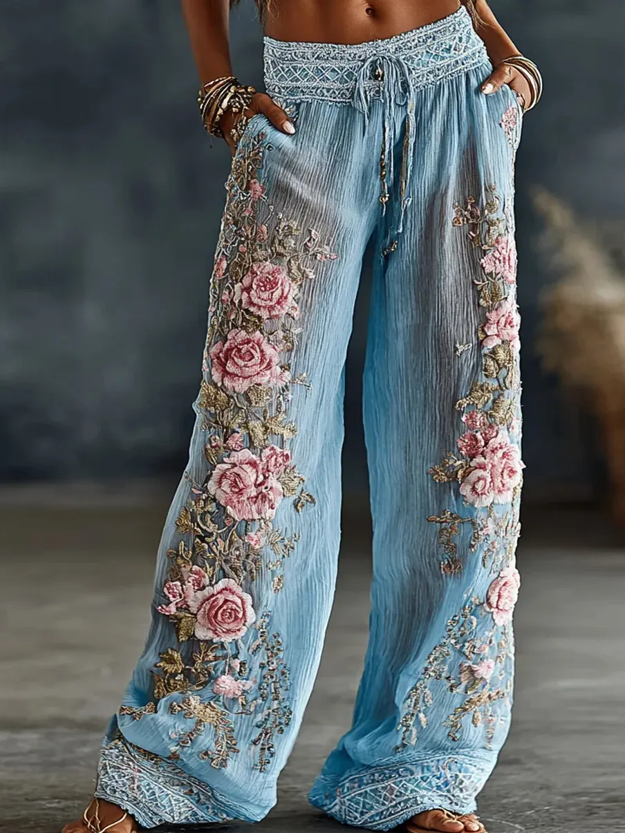 Retro Blumenkunstdruck Lässige Baumwoll-Leinen-Bequemhose-Mode & Komfort