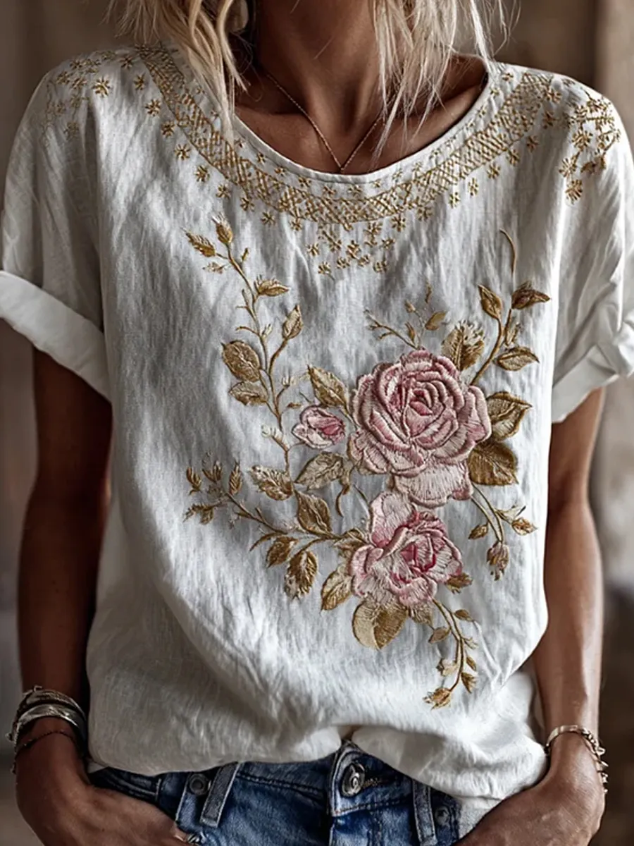 Retro Blumenkunstdruck Lässiges Baumwoll-Leinen-T-Shirt-Mode & Komfort