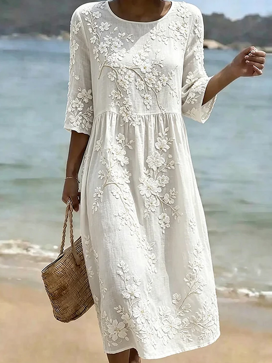 Damen-Vintage-Midi-Kleid im Boho-Stil aus Baumwolle und Leinen mit floraler Blumenmuster-Optik-Mode & Komfort