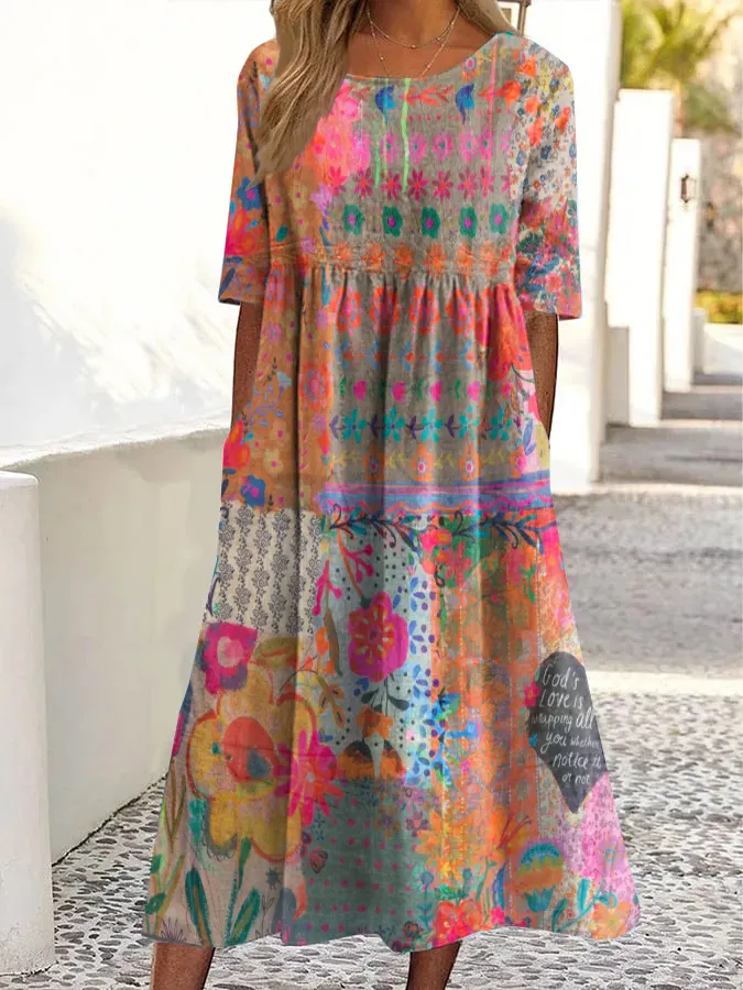 Vintage Floral Herz Druck Rundhals Tasche Midi Kleid-Mode & Komfort