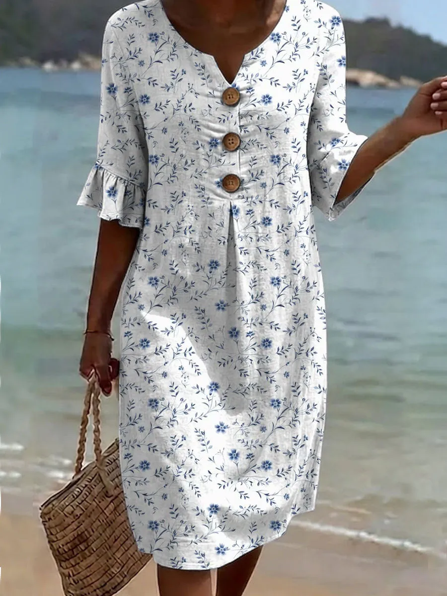 Lässiges Baumwollkleid im Vintage-Stil mit Blumenmuster für Damen, mit Knopfleiste