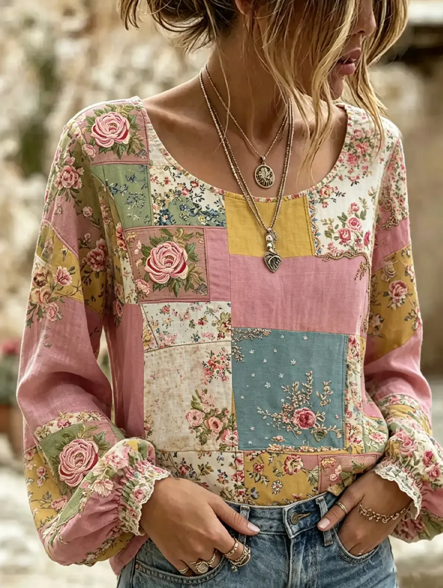Damen-Top im Vintage-Stil mit floraler Kunstprint-Optik, aus Baumwolle und Leinen, lässig-Mode & Komfort