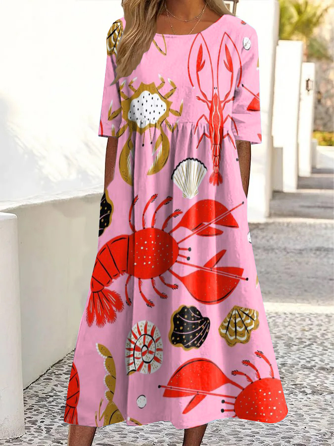 Vintage Sea World Print Rundhals-Taschen-Midi-Kleid-Mode & Komfort