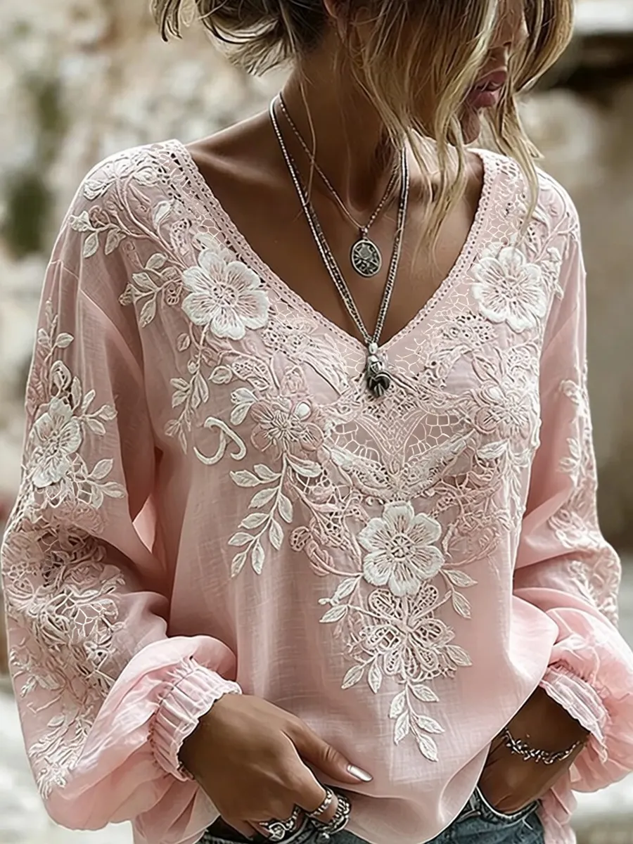 Damen-Top im Vintage-Stil mit floraler Kunstprint-Optik, aus Baumwolle und Leinen, lässig-Mode & Komfort