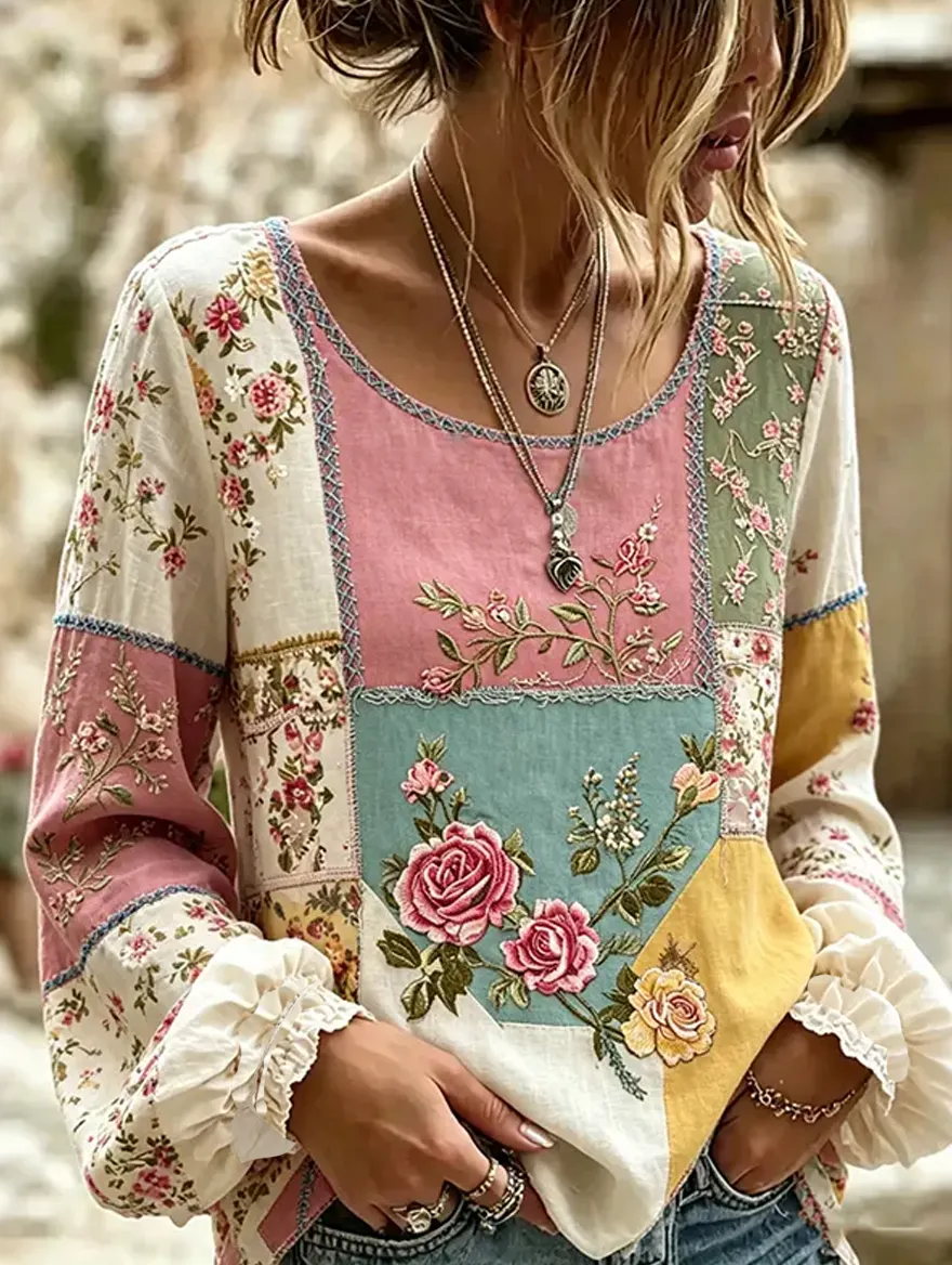 Damen-Top im Vintage-Stil mit floraler Kunstprint-Optik, aus Baumwolle und Leinen, lässig-Mode & Komfort