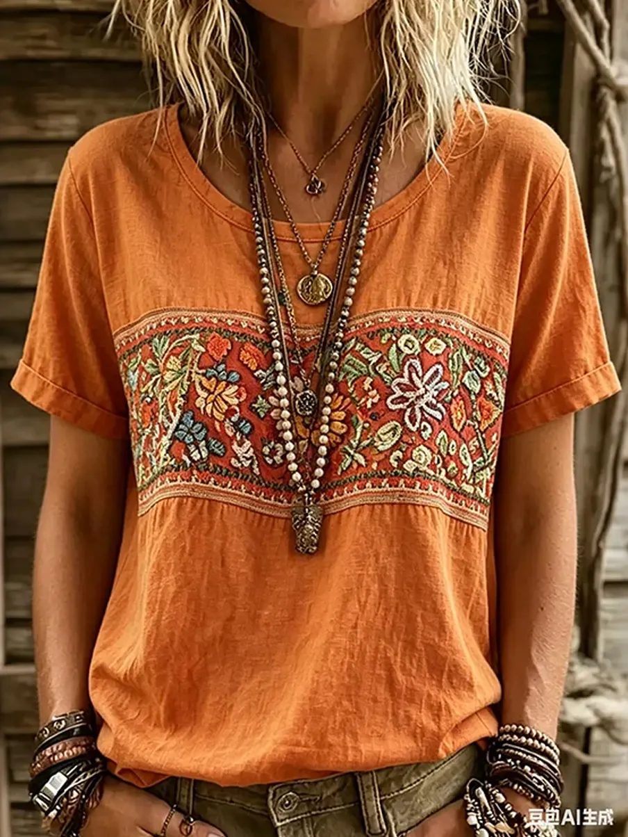 Damen Vintage-Blumen-Kunstdruck Lässiges Baumwoll-Leinen-T-Shirt-Mode & Komfort