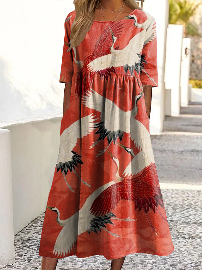 Vintage Midikleid mit Kranichmuster, Taschen und Rundhalsausschnitt-Mode & Komfort