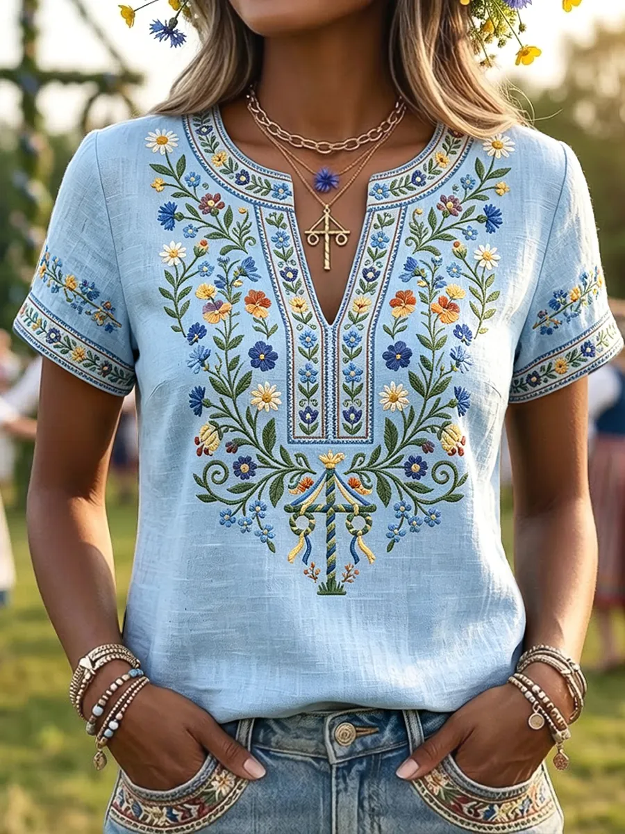 Damen Retro Kunst Schwedisches Mittsommer Pole Blume V-Ausschnitt T-Shirt-Mode & Komfort