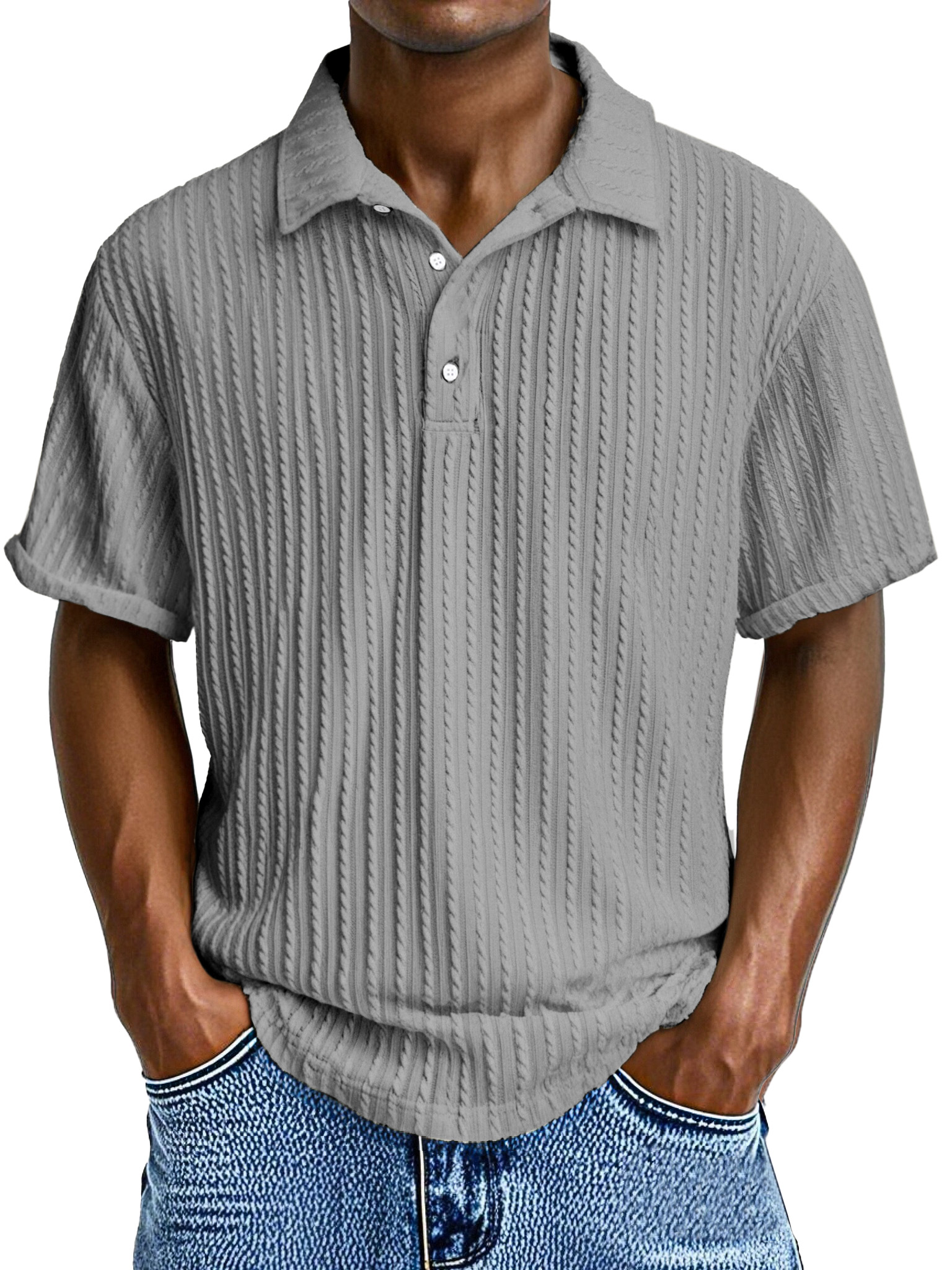 Herren Bequeme Lockere Textur Revers Knopf Kurzarm Polohemd-deurabatt