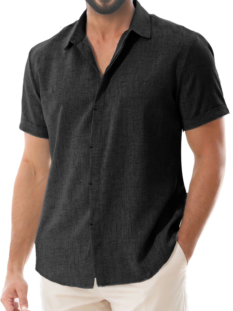 Herren Tägliches Lässiges Imitationsleinen Weites Kurzarm Hemd mit Revers-deurabatt