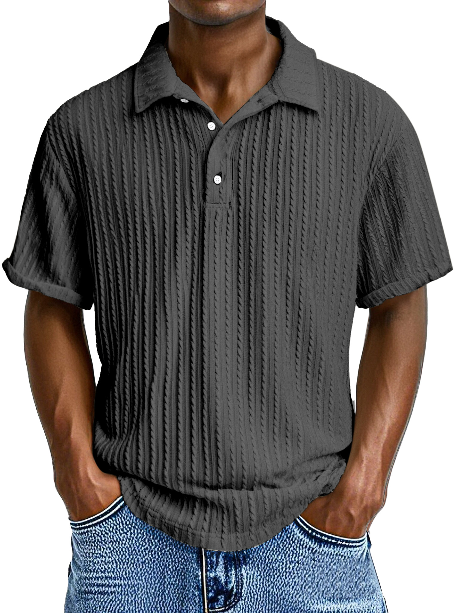 Herren Bequeme Lockere Textur Revers Knopf Kurzarm Polohemd-deurabatt