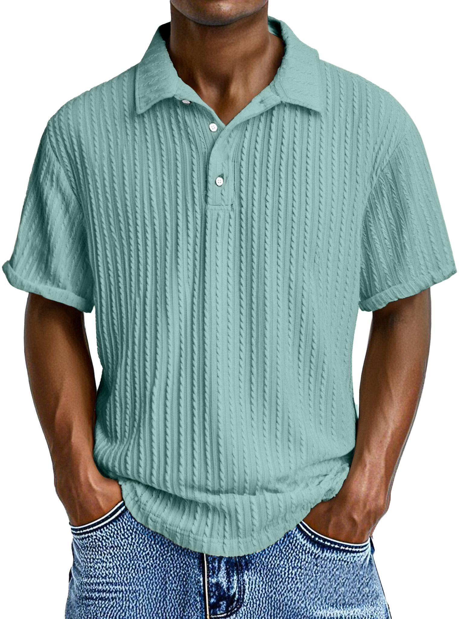 Herren Bequeme Lockere Textur Revers Knopf Kurzarm Polohemd-deurabatt