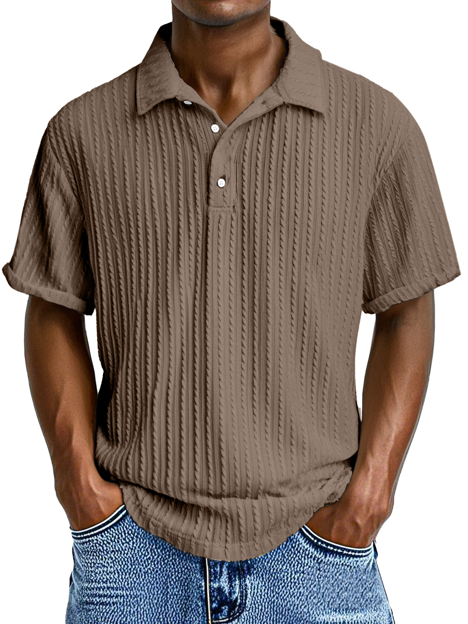 Herren Bequeme Lockere Textur Revers Knopf Kurzarm Polohemd-deurabatt