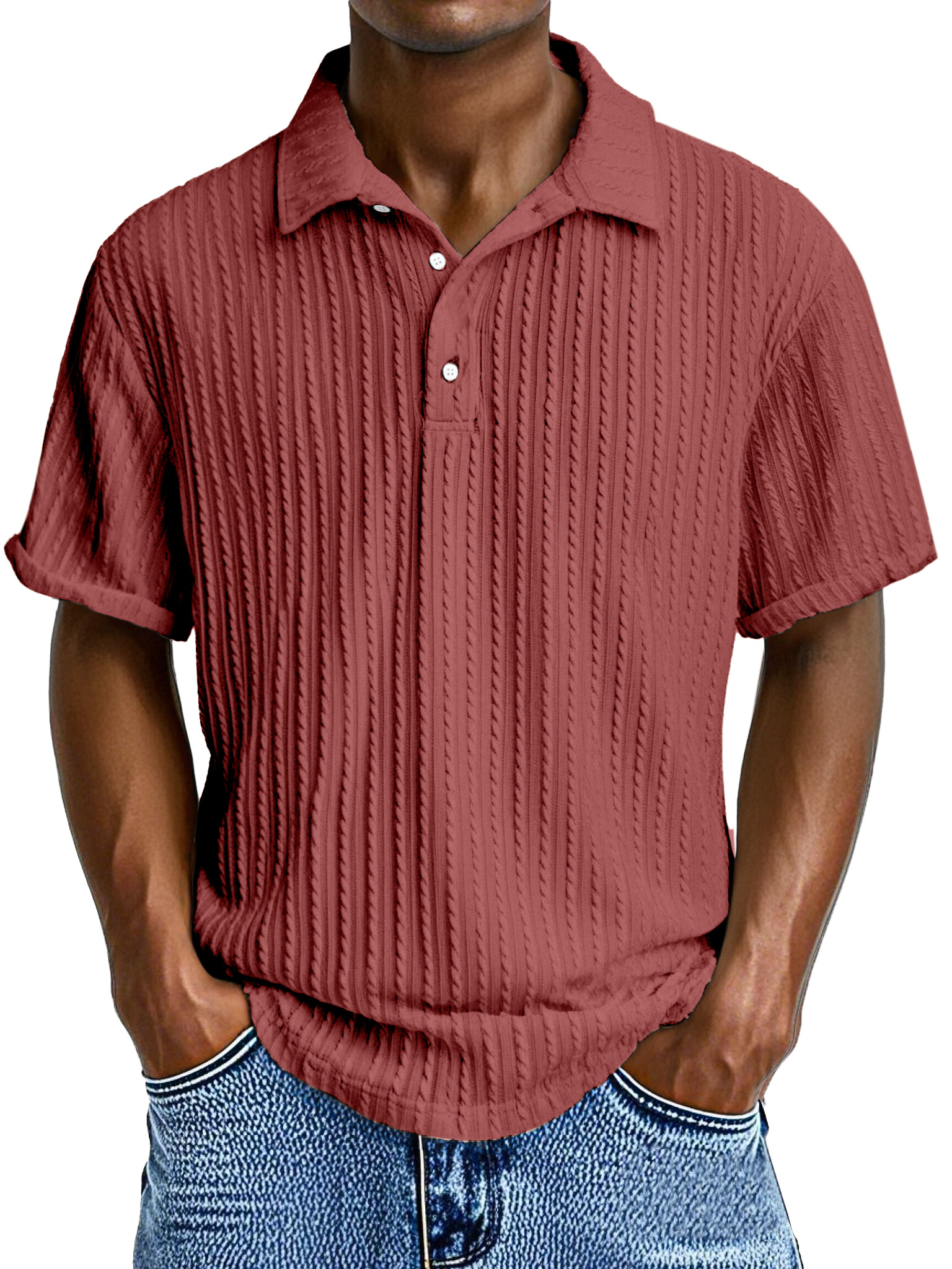 Herren Bequeme Lockere Textur Revers Knopf Kurzarm Polohemd-deurabatt