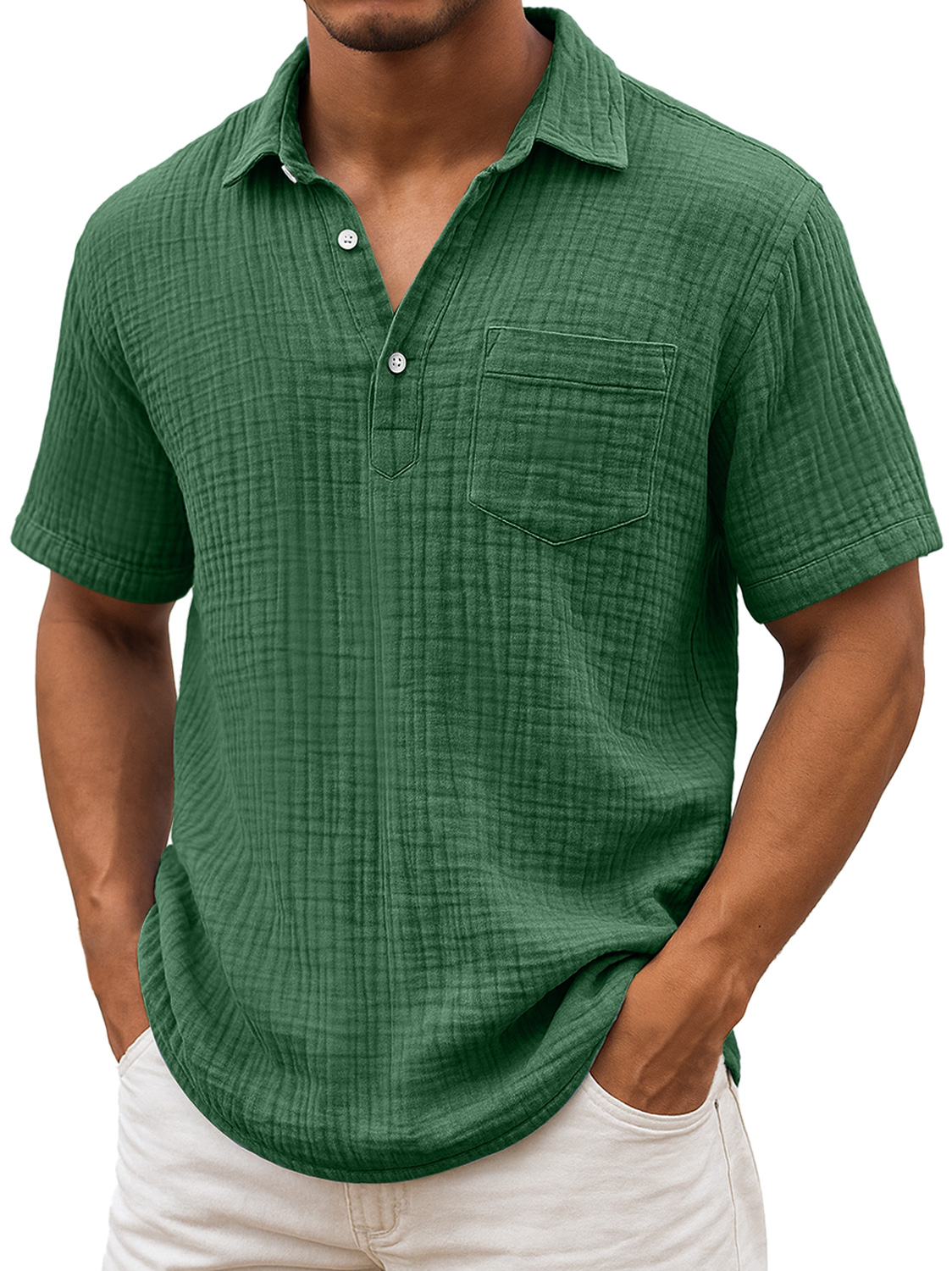Herren Daily Plissee Textur Revers Freizeit Tasche Bequem Kurzarm POLO Hemd-deurabatt
