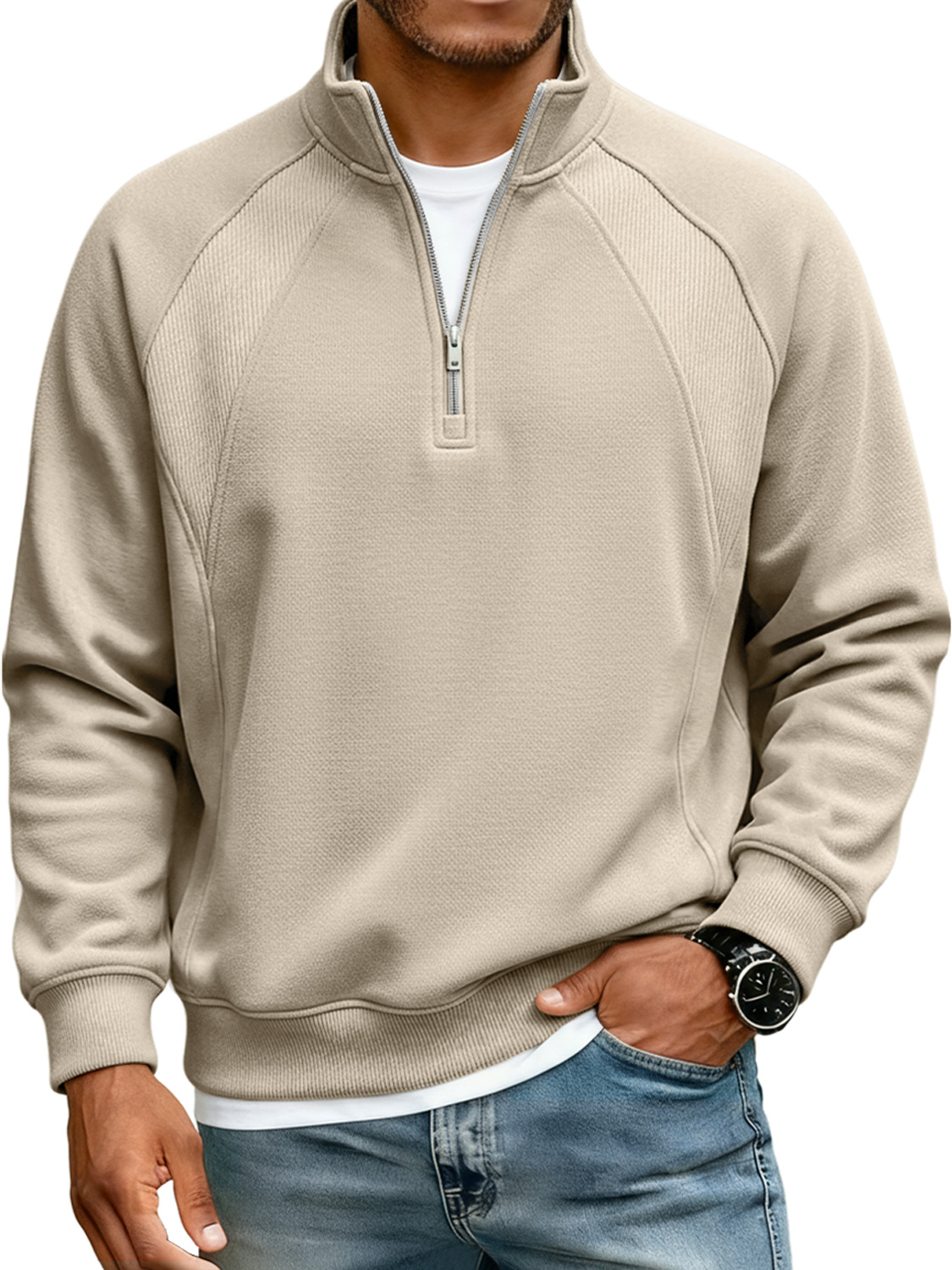 Men's Simple Raglan Stitching Stand Collar Zipper Casual Loose Sweatshirt