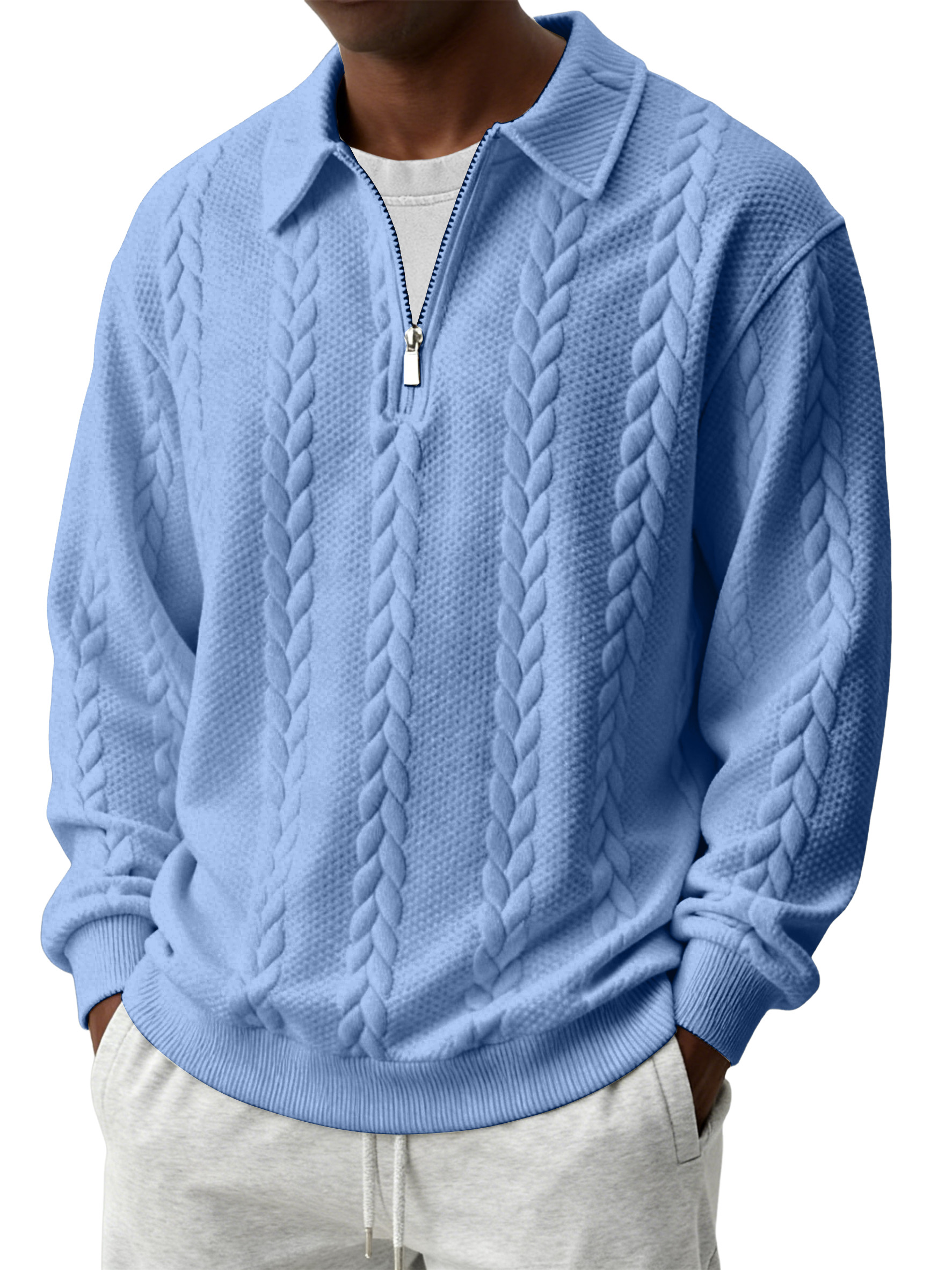 Herren Freizeit Bequeme Jacquard Umlegekragen Viertel Reißverschluss Langarm Sweatshirt-deurabatt