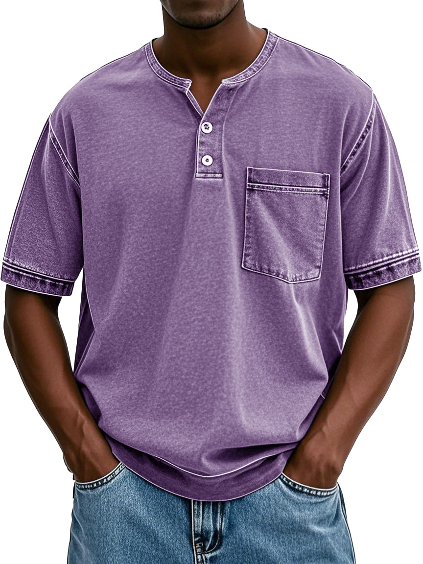Herrenmode Vintage gewaschenes Taschen Kurzarm Henley-Shirt-deurabatt