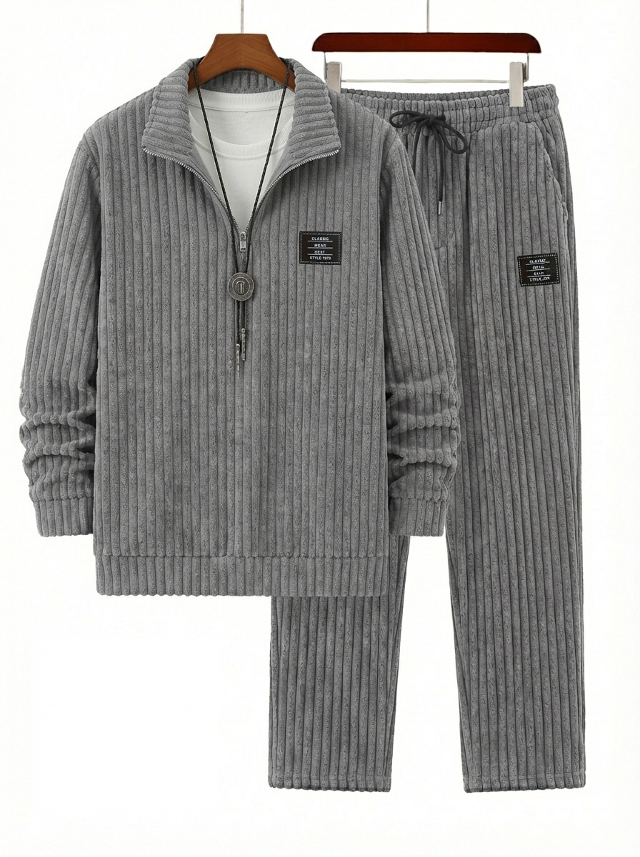 Herren Vintage Corduroy Viertel-Reißverschluss Sweatshirt und Hose Set OOTD-deurabatt