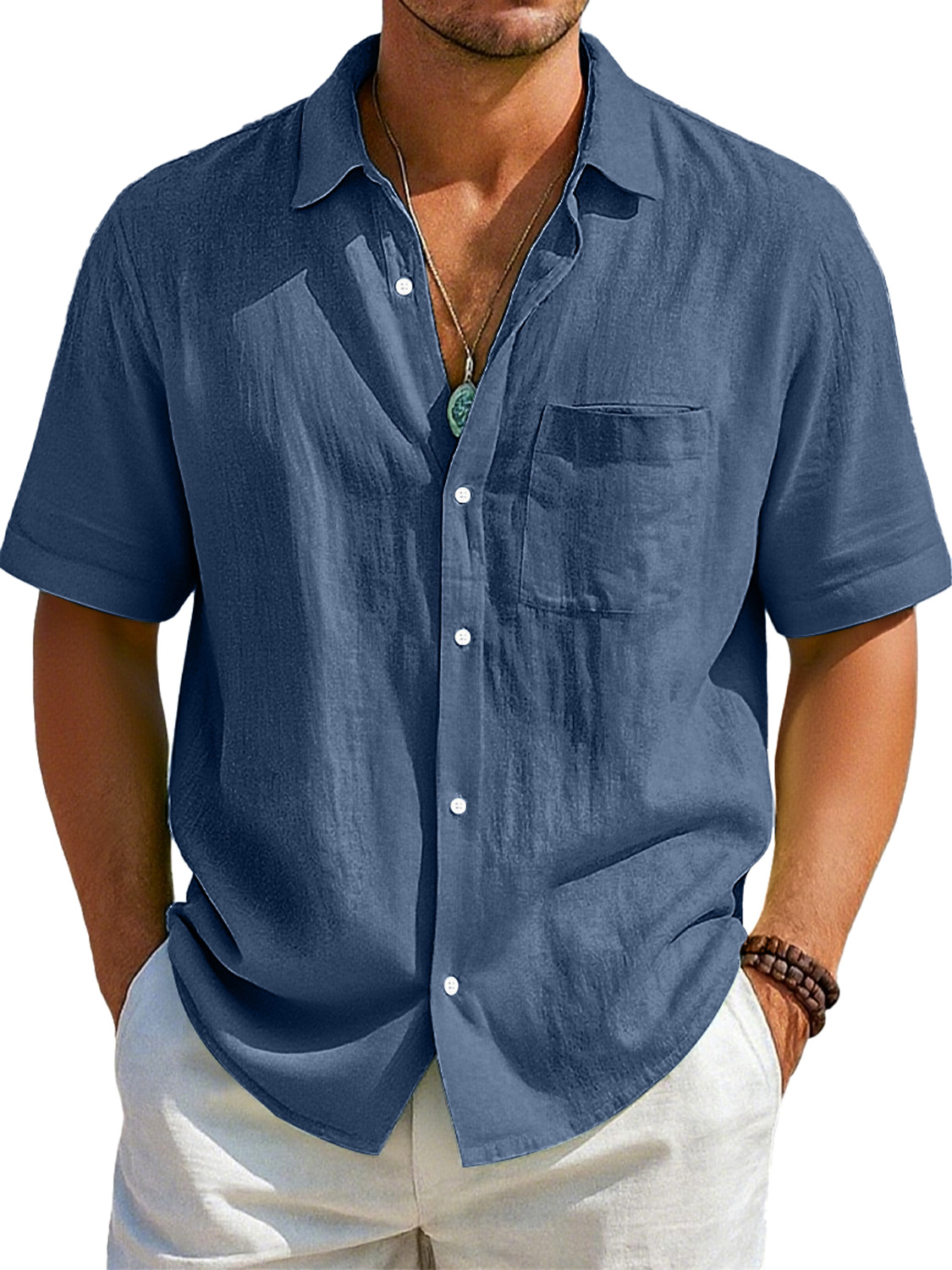 Herren Daily Imitation Leinen Freizeit Tasche Revers Bequem Kurzarm Hemd-deurabatt