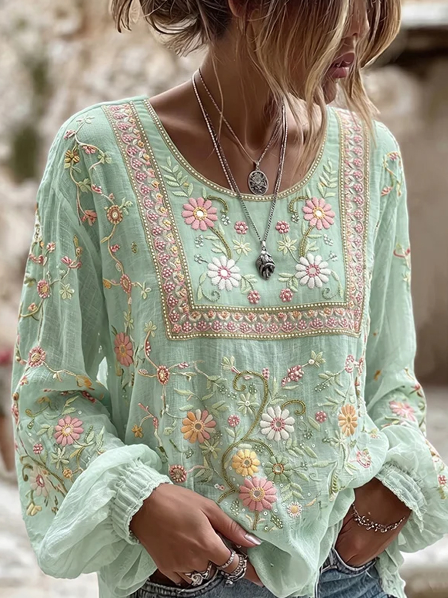 Damen-Top im Vintage-Stil mit floraler Kunstprint-Optik, aus Baumwolle und Leinen, lässig-Mode & Komfort